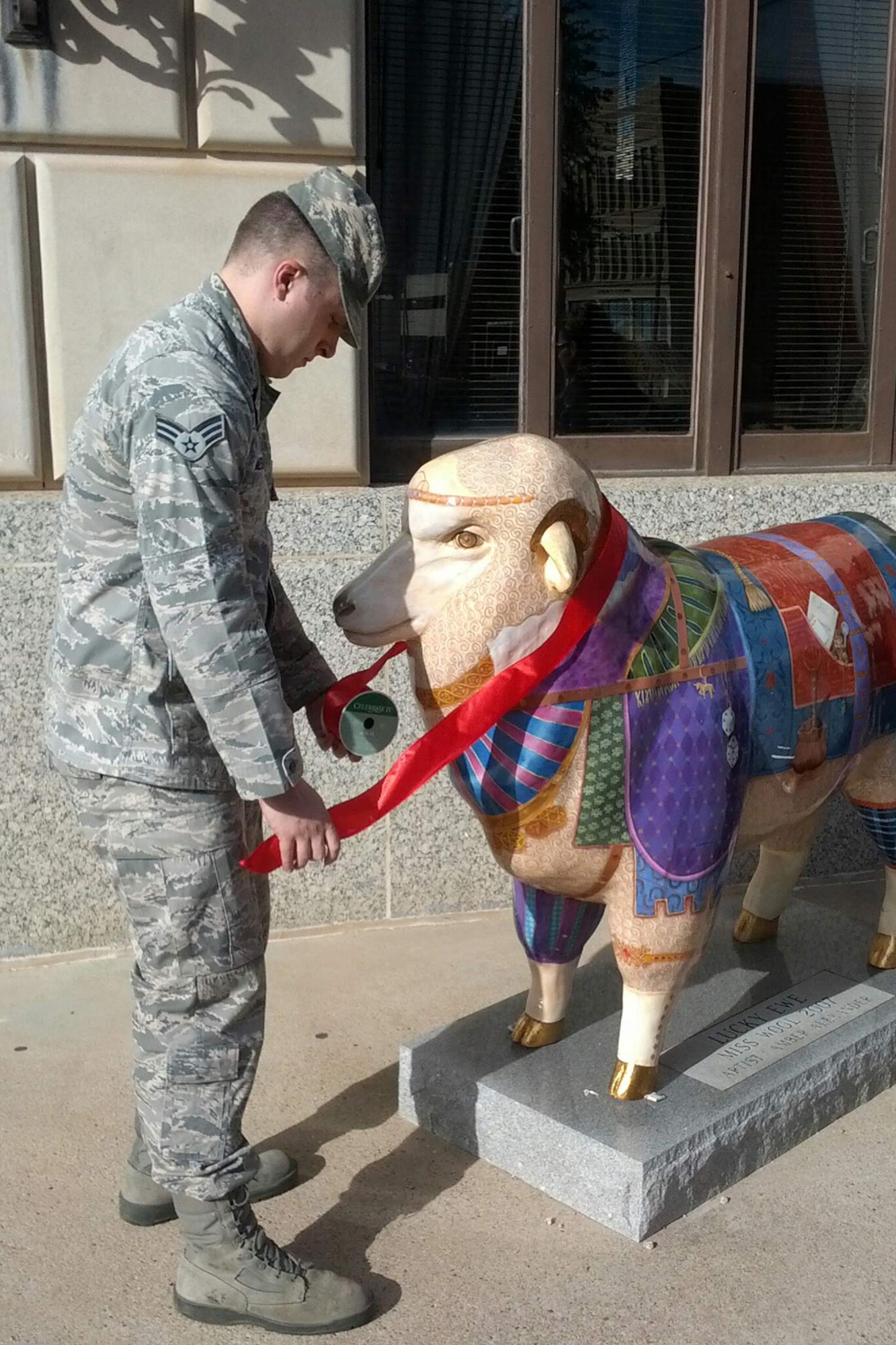 SAN ANGELO, Texas -- Senior Airman Charles Metts, 17th Medical Operations Squadron Alcohol and Drug Abuse Prevention and Treatment technician, puts a red ribbon on Lucky Ewe sheep on South Chadbourne Street Oct.24. Red ribbons were placed on sheeps around the downtown San Angelo area to raise awareness during Red Ribbon Week. (Courtesy photo)