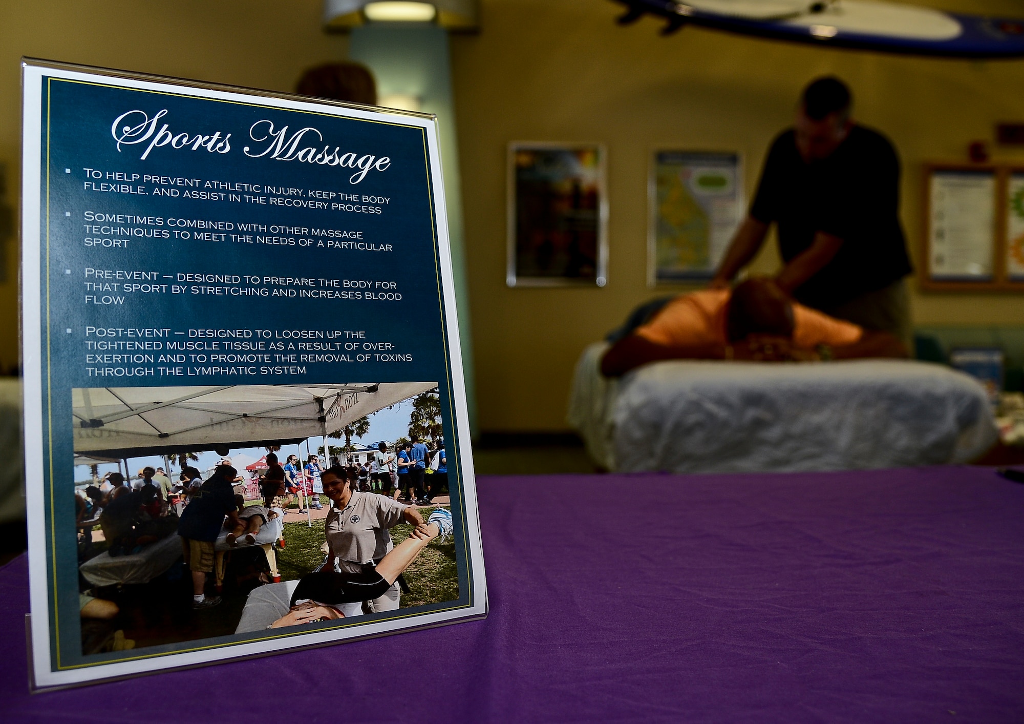 Sport massage is one of 12 specialized forms of massage therapy offered during the first annual Caring Hands Support Our Troops event at the Health and Wellness Center on MacDill Air Force Base, Fla., Oct. 25, 2013. The Caring Hands event was organized as a way to educate military members and their spouses on the different massage therapy options, and the physical and mental health advantages that are associated with each. (U.S. Air Force photo by Senior Airman Melanie Bulow-Kelly/Released)
