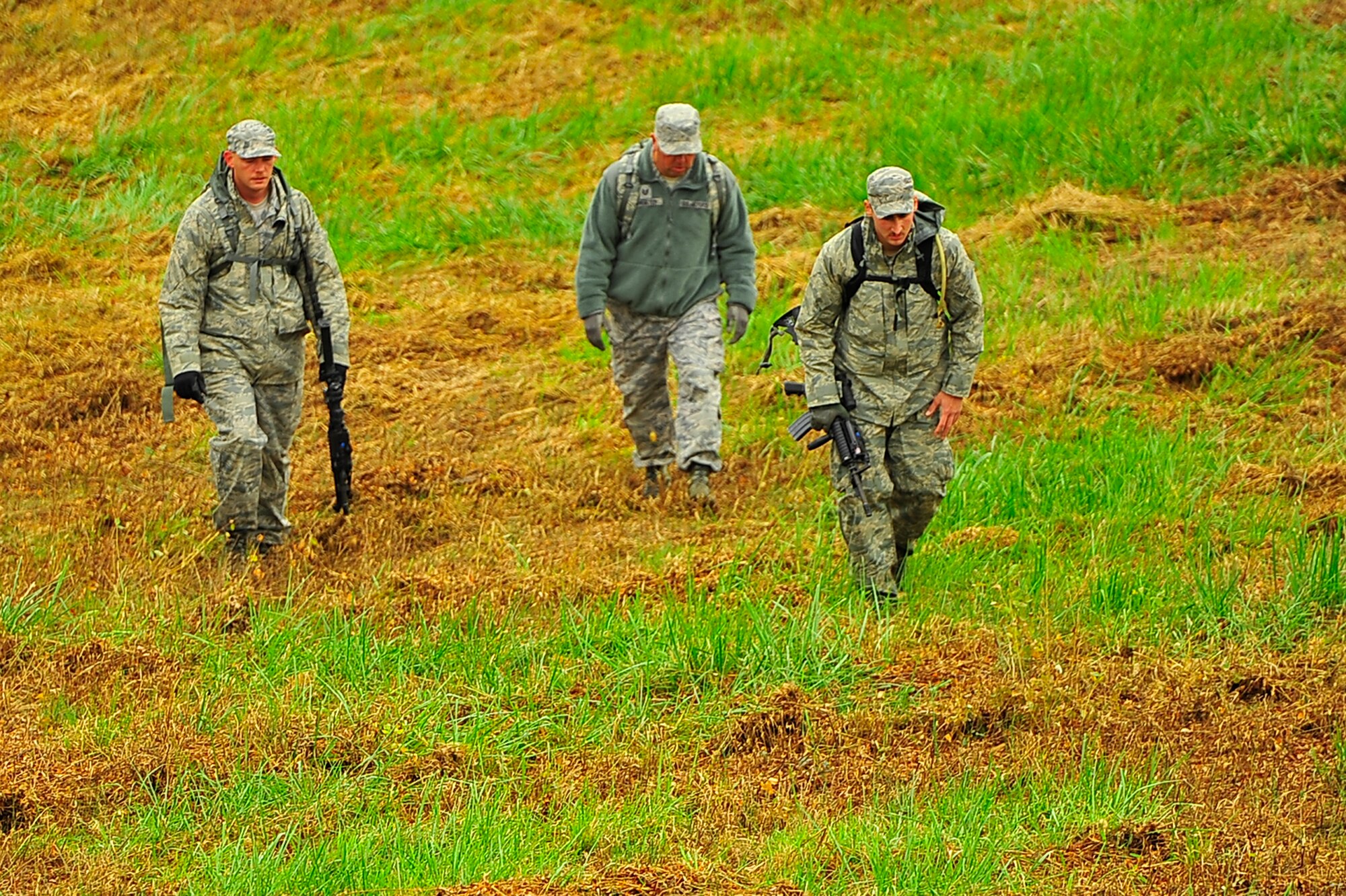 FORT A.P. HILL, Va. – Security forces members assigned to the 817th Contingency Response Group return from an entry control point shift during an exercise here, Oct. 23. The 817 CRG training focused on airfield operations, which included training for the assessment team, landing zone safety officer, and other unit type code training objectives. (U.S. Air Force photo by Staff Sgt. Gustavo Gonzalez)
