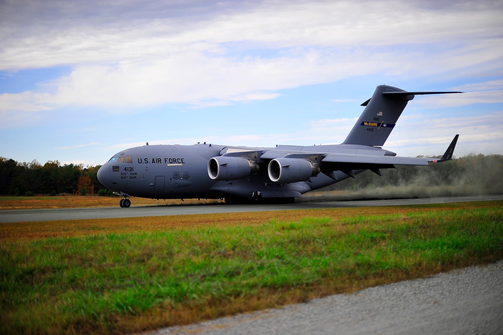 FORT A.P. HILL, Va. – A U.S. Air Force C-17 Globemaster III assigned to Joint Base McGuire-Dix-Lakehurst, N.J., lands during an exercise here, Oct. 22. The 817th Contingency Response Group training focused on airfield operations, which included training for the assessment team, landing zone safety officer, and other unit type code training objectives. (U.S. Air Force photo by Staff Sgt. Gustavo Gonzalez)