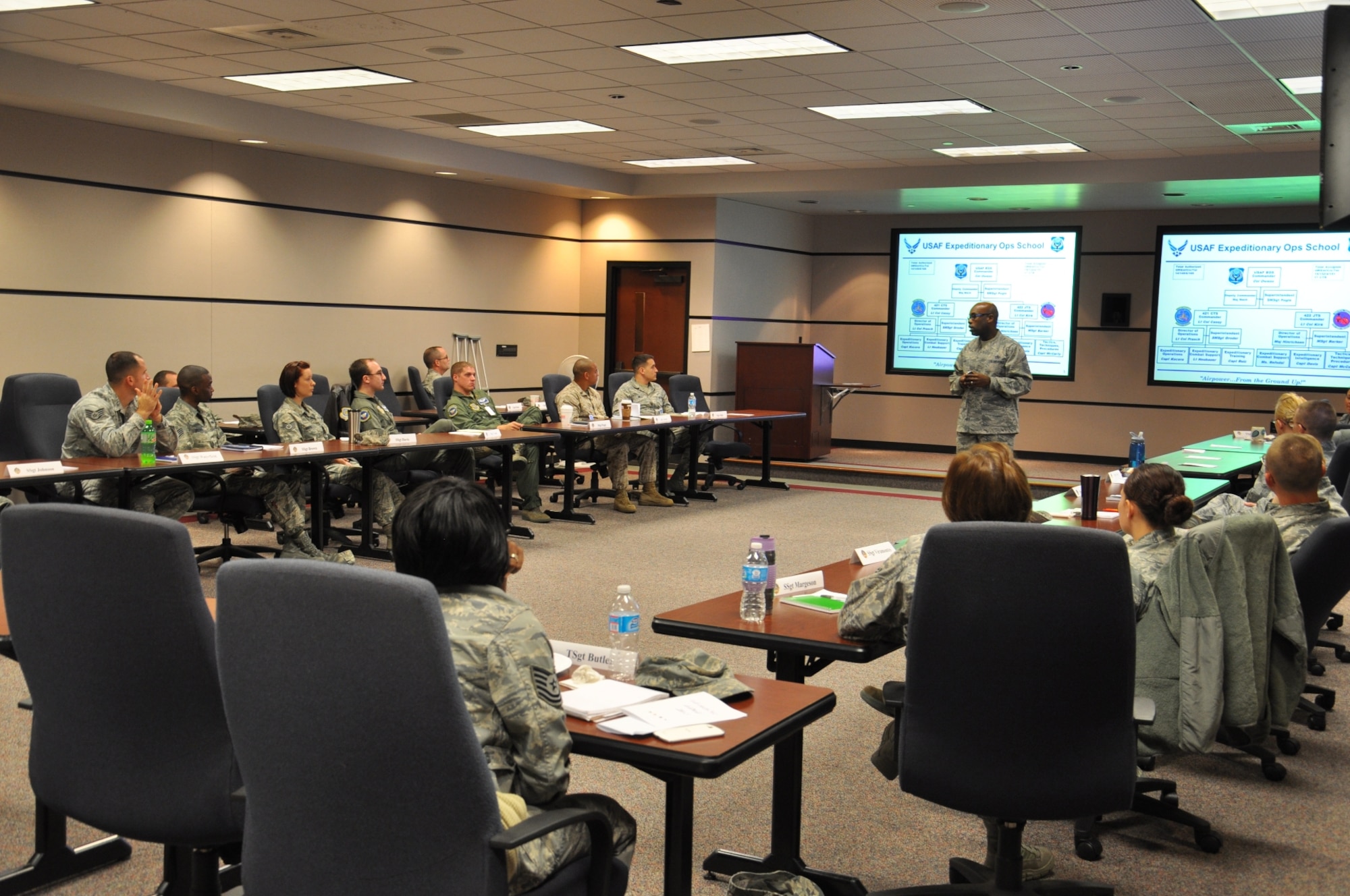 JOINT BASE MCGUIRE-DIX-LAKEHURST, NJ -- Senior Master Sgt. Shawn Fogle, Expeditionary Operations School superintendent, speaks to Leading Edge participants about the center’s mission and role for the installation and Air Mobility Command, Oct. 21, 2013, at the U.S. Air Force Expeditionary Center.  (U.S. Air Force photo by Capt. Brooke Brzozowske/Released)