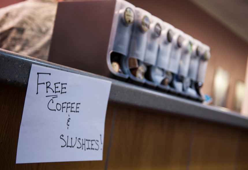 A sign hangs at the juice bar at the McAdoo Sports and Fitness Center, Oct. 22. The base chapel staff host’s the juice bar, offering free drinks, snacks and literature to Airmen and their families. The juice bar is open every Tuesday and Thursday morning and is meant to promote resiliency and boost morale. (U.S. Air Force photo/Airman 1st Class Apryl Hall)