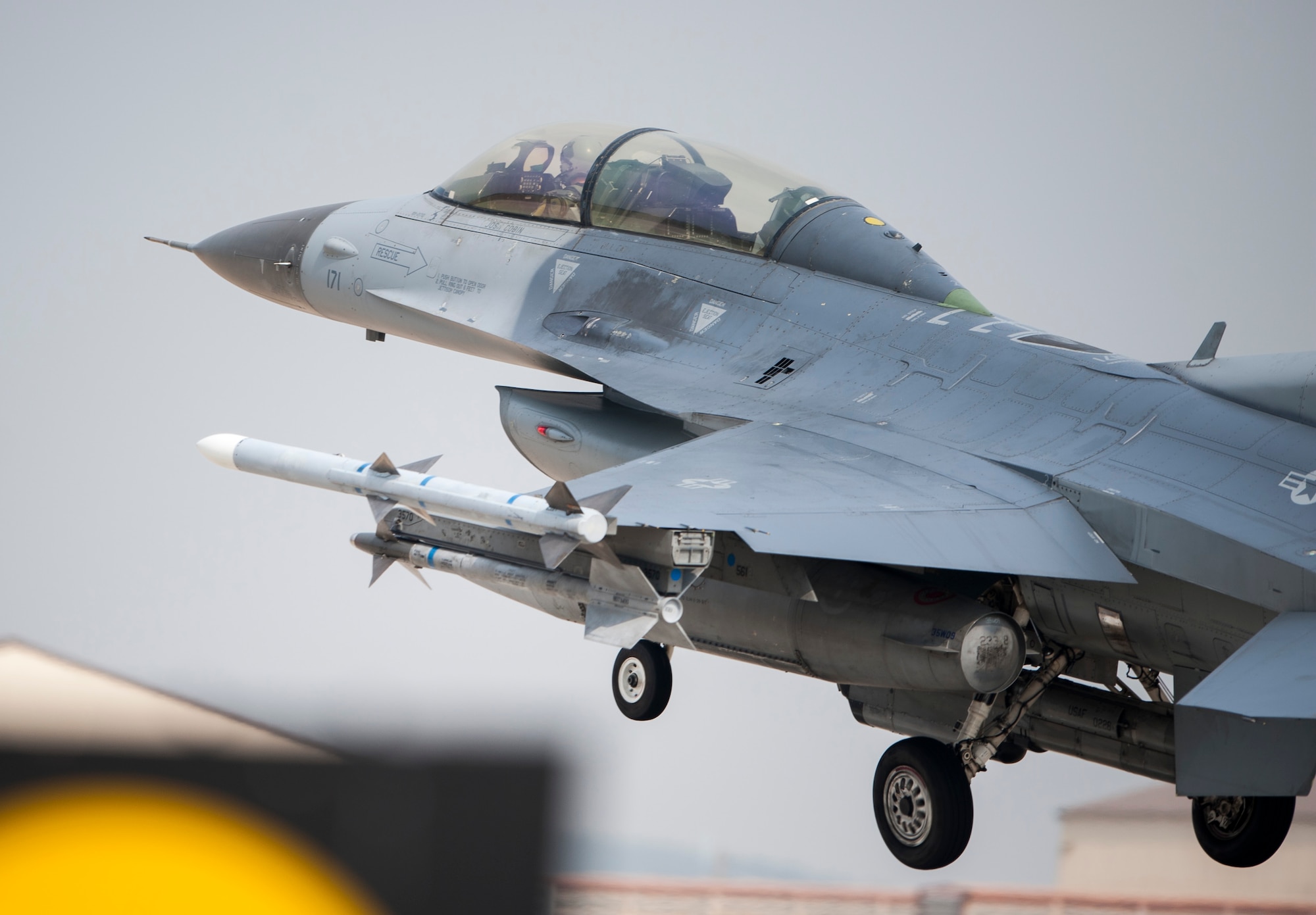 A 35th Fighter Squadron F-16 Fighting Falcon takes off during Max Thunder 13-2 at Kunsan Air Base, Republic of Korea, Oct. 28, 2013. U.S. Air Force Airmen, U.S. Marines and Republic of Korea air forces kicked off Max Thunder 13-2 during the first go, or takeoff. This is the 11th Max Thunder exercise, which fosters bilateral aerial training between the Korea Air Power Team to include the U.S. Air Force, Marine Corps and the Republic of Korea air force.  (U.S. Air Force photo by Senior Airman Armando A. Schwier-Morales/Released)