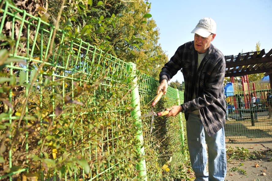Senior Master Sgt. Lee Schmidt, 51st Munitions Squadron first sergeant, clips hedges at Mustang Valley Park at Osan Air Base, Republic of Korea, Oct. 26, 2013. The 51st Civil Engineer Squadron provided all the tools and equipment for volunteers to use during the clean-up. (U.S. Air Force photo/Staff Sgt. Emerson Nuñez)