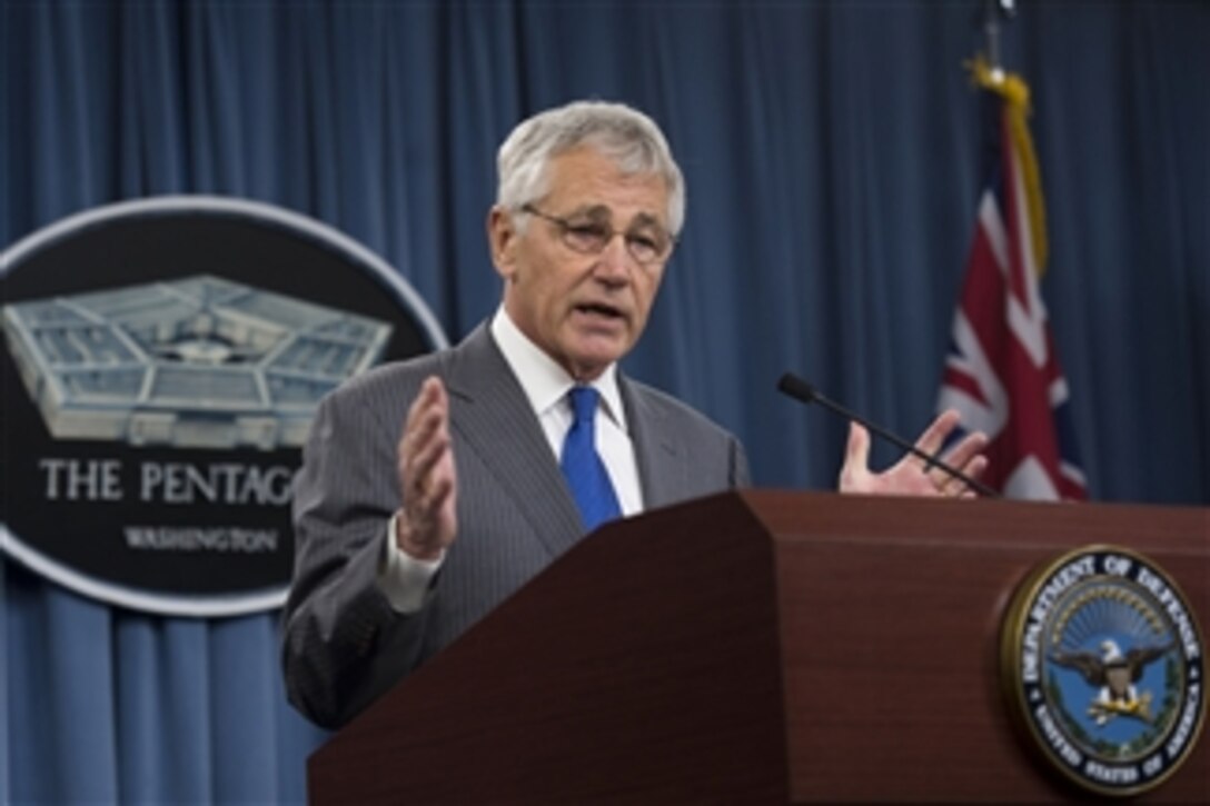 Secretary of Defense Chuck Hagel answers a reporter’s question during a joint press conference with New Zealand Minister of Defense Jonathan Coleman in the Pentagon in Arlington, Va., on Oct. 28, 2013.  Hagel and Coleman met earlier to discuss national and regional security items of interest to both nations.  