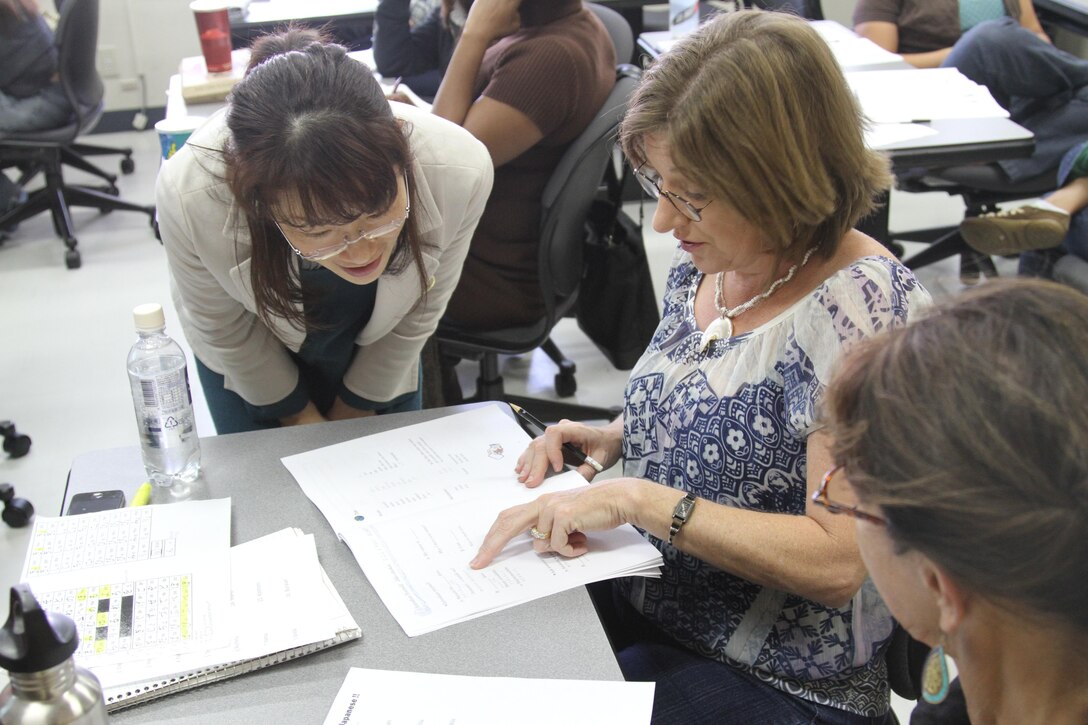 Akie Sumomogi, Marine Corps Community Services cultural assistant, helps a station resident with pronunciation of vowels at Building 411 Nov. 6, 2012, during a Survival Japanese Class.
