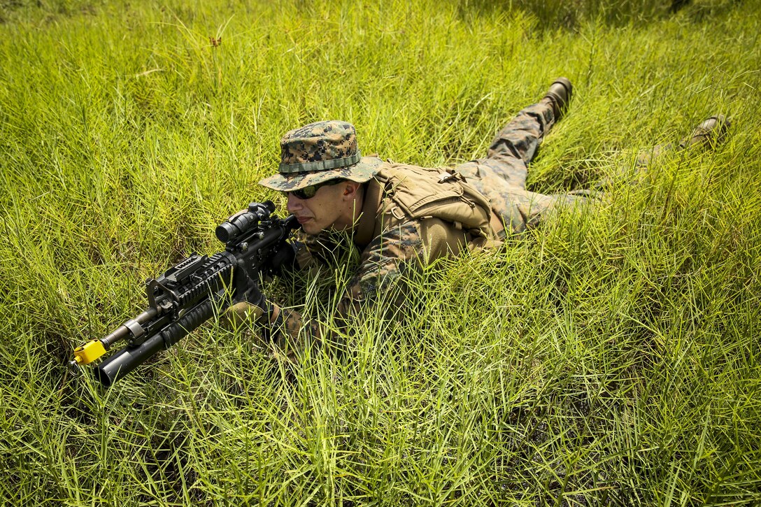 Corporal Andrew Calvin of Ansonia, Conn., provides security during a riverine exercise October 18, 2013. United States Marines with Africa Partnership Station participated in a training exercise focusing on riot control, riverine operations, ambush reaction drills and more. Each exercise, led by British Marine forces, challenged the Marines through different scenarios focusing on all aspects of military tactics. APS is an international security cooperation initiative, facilitated by U.S. Naval Forces Africa, aimed at strengthening global maritime partnerships through training and collaborative activities in order to improve maritime safety and security in Africa. 