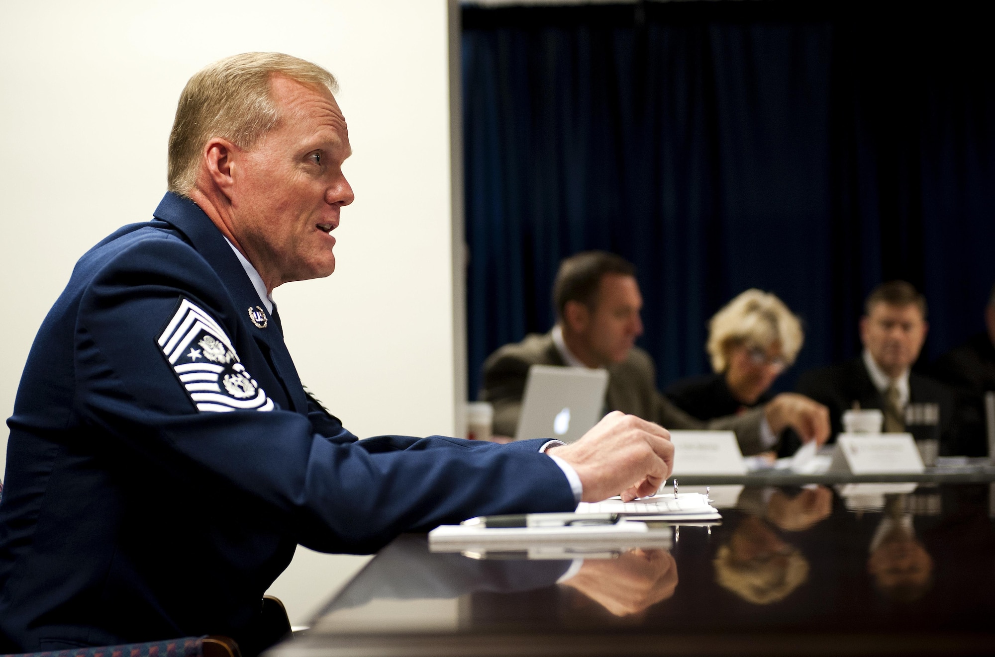 Chief Master Sgt. of the Air Force James A. Cody addressed members of the National Commission on the Structure of the Air Force Oct. 25, 2013, in Arlington, Va. During his testimony, Cody gave his perspective on the Air Force's current total force status, and addressed his concerns for the future. 
