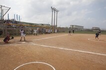 Team Urasoe’s Senri Shimabukuro pitches to Sydney M. Standard, from Ryukyu Ruckus, Oct. 26 during a softball game hosted by Camp Kinser between Urasoe-area high school students and 3rd Marine Logistics Group players. “I love softball, and appreciated the Americans preparing their field so we can all come together to share the sport we love,” said Koji Nikawadori, head coach for Team Urasoe. Third MLG is part of III Marine Expeditionary Force. 