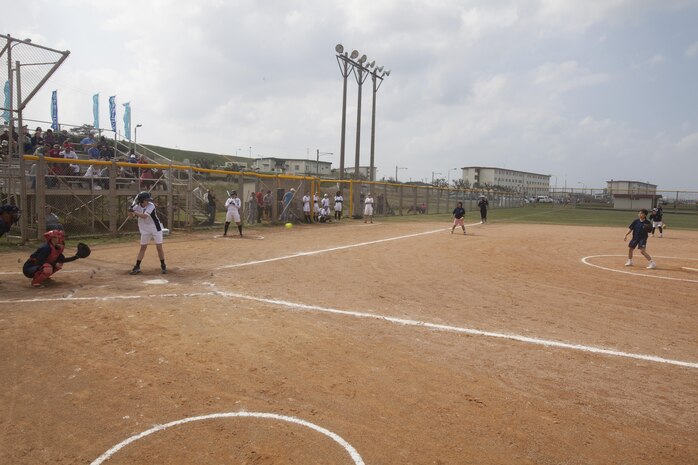 Team Urasoe’s Senri Shimabukuro pitches to Sydney M. Standard, from Ryukyu Ruckus, Oct. 26 during a softball game hosted by Camp Kinser between Urasoe-area high school students and 3rd Marine Logistics Group players. “I love softball, and appreciated the Americans preparing their field so we can all come together to share the sport we love,” said Koji Nikawadori, head coach for Team Urasoe. Third MLG is part of III Marine Expeditionary Force. 