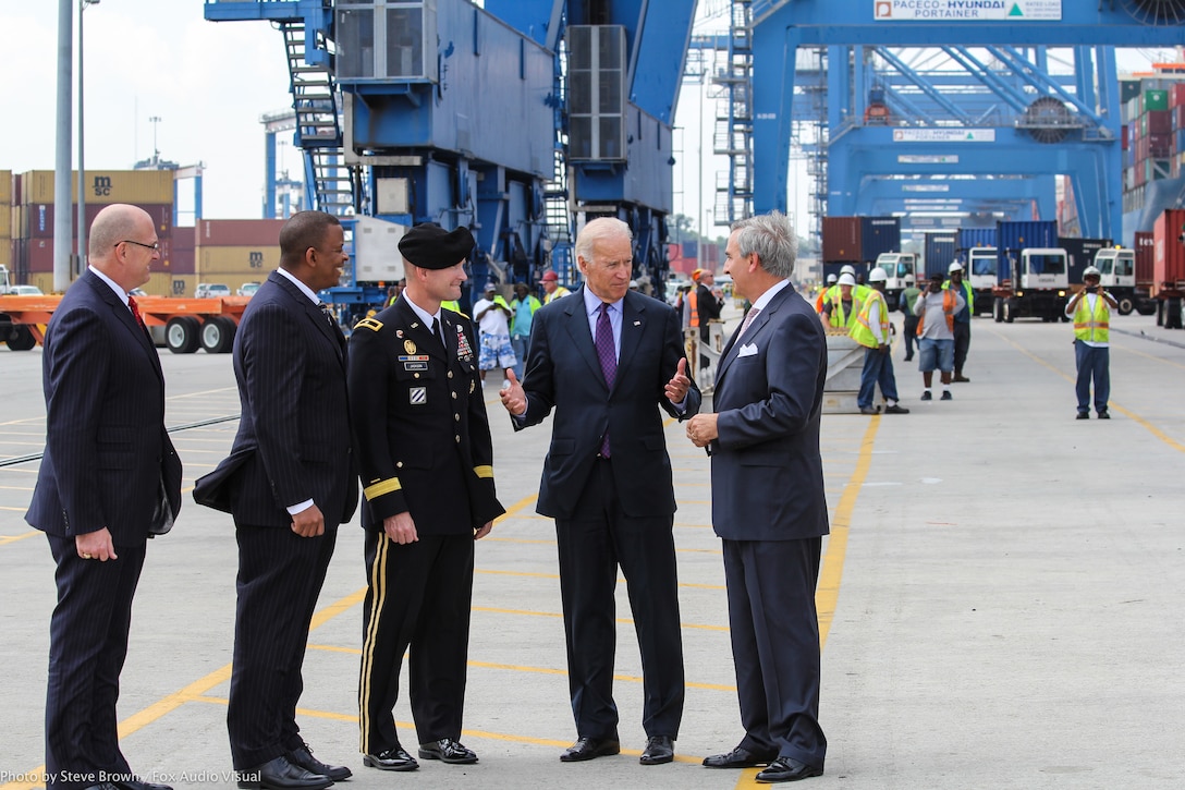 Vice President Joe Biden visited the Port of Charleston as part of his tour of ports along the eastern seaboard. Here, he meets with Corps South Atlantic Division Commander Brig. Gen. Ed Jackson and South Carolina State Ports Authority CEO Jim Newsome.