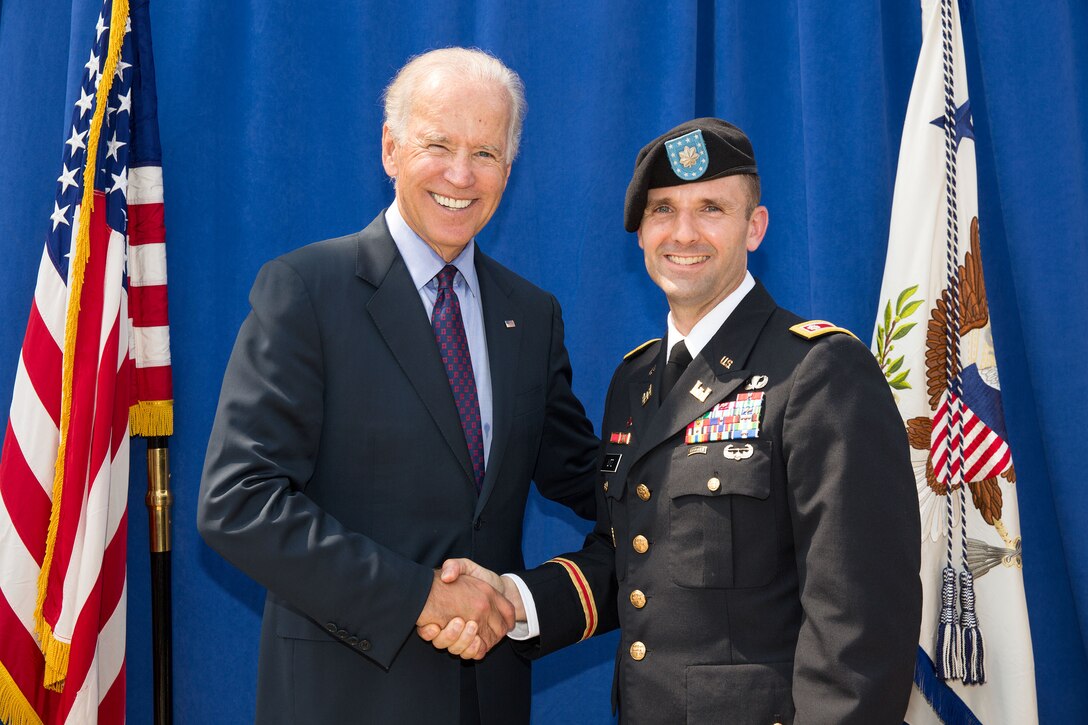Vice President Joe Biden visited the Port of Charleston as part of his tour of ports along the eastern seaboard. Here, he meets with Charleston District Commander Lt. Col. John Litz.