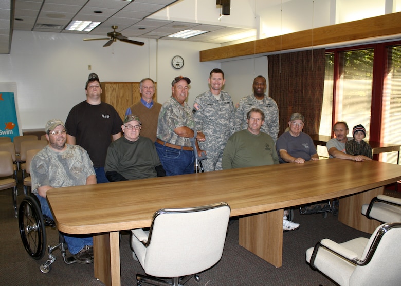 Pictured left to right: Paralyzed Veterans of America (PVA) member Tommy and his son Max, PVA member Ollie Lankford; Keith Crowe, Russell Project Manager; Kurt Glass, assistant sports director for Southeastern PVA chapter; Brig. Gen. Donald E. Jackson, South Atlantic Division commander; Command Sgt. Maj. Antonio Jones; and PVA members Paul, Norm, and Ricky (with his grandson Landon). The U.S. Army Corps of Engineers hosted two deer hunts for the PVA Oct. 23 and 24 at Richard B. Russell Lake.