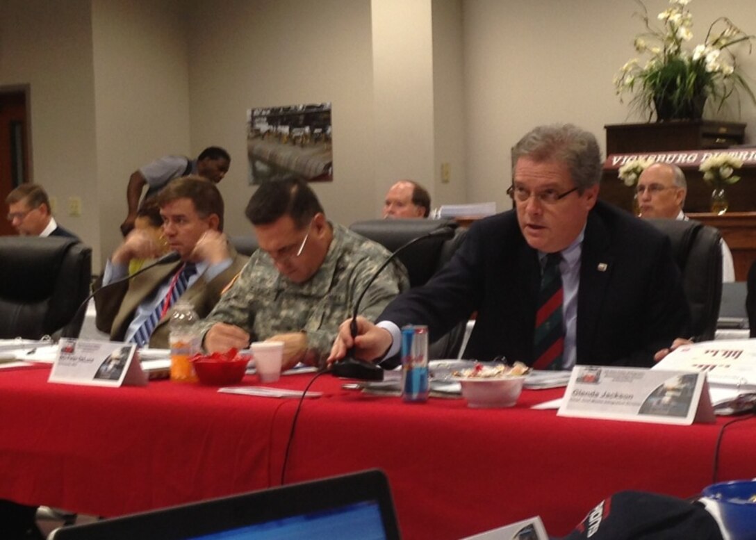 (L to R) Al Lee, Director of Regional Business for the Mississippi Valley Division, Brig. Gen. Duke DeLuca, MVD Commander, and Eddie Belk, Director of Regional Programs, kick off the annual regional leadership gathering in Vicksburg, Miss., Oct. 29th.  