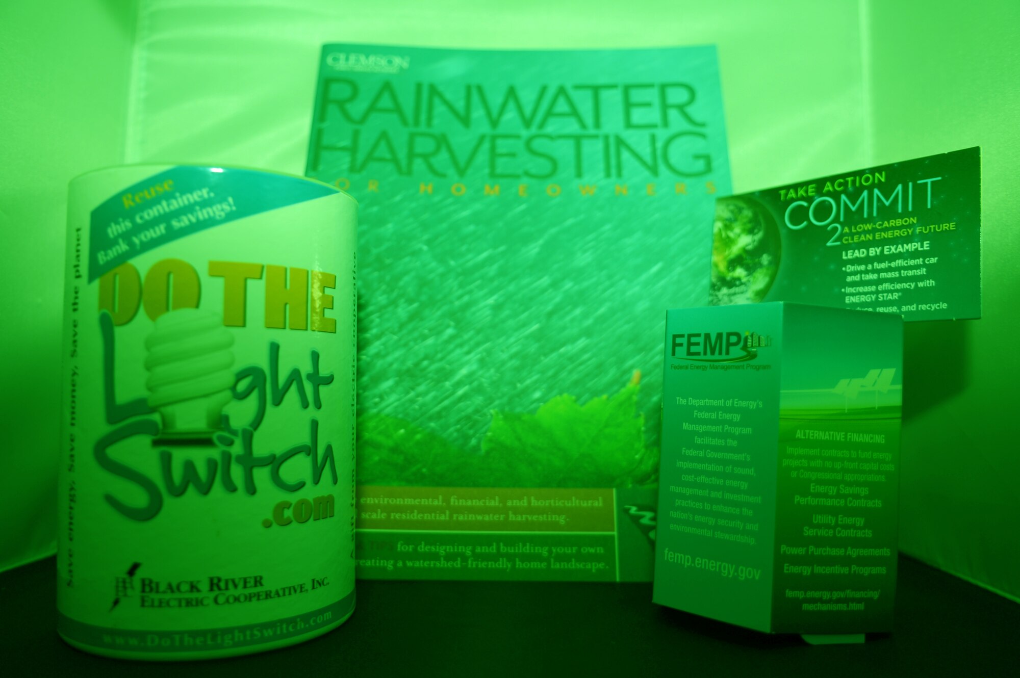Companies from the Shaw Air Force Base, S.C., energy trade show provided information on how to become more “green” and save money on heating, electric, and water bills. They also gave away pamphlets of  literature on the benefits of having a rain garden or  rain barrel to collect excess water during hot, wet summer months. (U.S. Air Force illustration by Airman 1st Class Jonathan Bass/Released)