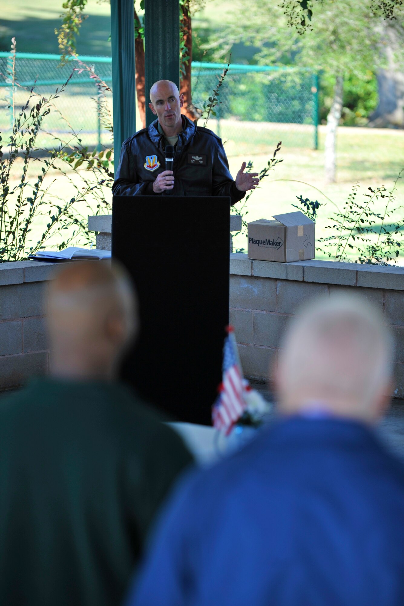U.S. Air Force Col. Clark Quinn, 20th Fighter Wing vice commander, speaks to a crowd during the 14th annual Ability One appreciation picnic, Shaw Air Force Base S.C., Oct. 25, 2013. Quinn thanked Ability One employees and their families for their support to Team Shaw. (U.S. Air Force photo by Airman 1st Class Jensen Stidham/Released)