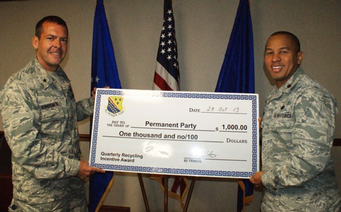 Brig Gen. Scott Kindsvater (left), 82nd Training Wing commander, congratulates 82nd Logistics Readiness Squadron commander Maj. Samuel Payne Oct. 29, 2013, after Payne accepted the FY13, 4th Quarter Recycling permanent party award on behalf of the 82nd MSG commander. The 82nd MSG collected almost 79,000 pounds of recyclables this quarter. (U.S. Air Force photo/Dan Hawkins)