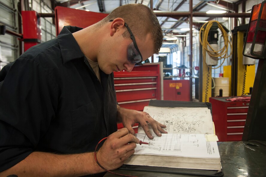 U.S. Air Force Staff Sgt. Tyler Craig, 23d Logistics Readiness Squadron mechanical analyst technician journeyman, reads schematics for a government forklift at Moody Air Force Base, Ga., Oct. 28, 2013. The vehicle maintenance shop is tasked to analyze and repair more than 60 Moody vehicles. (U.S. Air Force photo by Airman Dillian Bamman/Released)