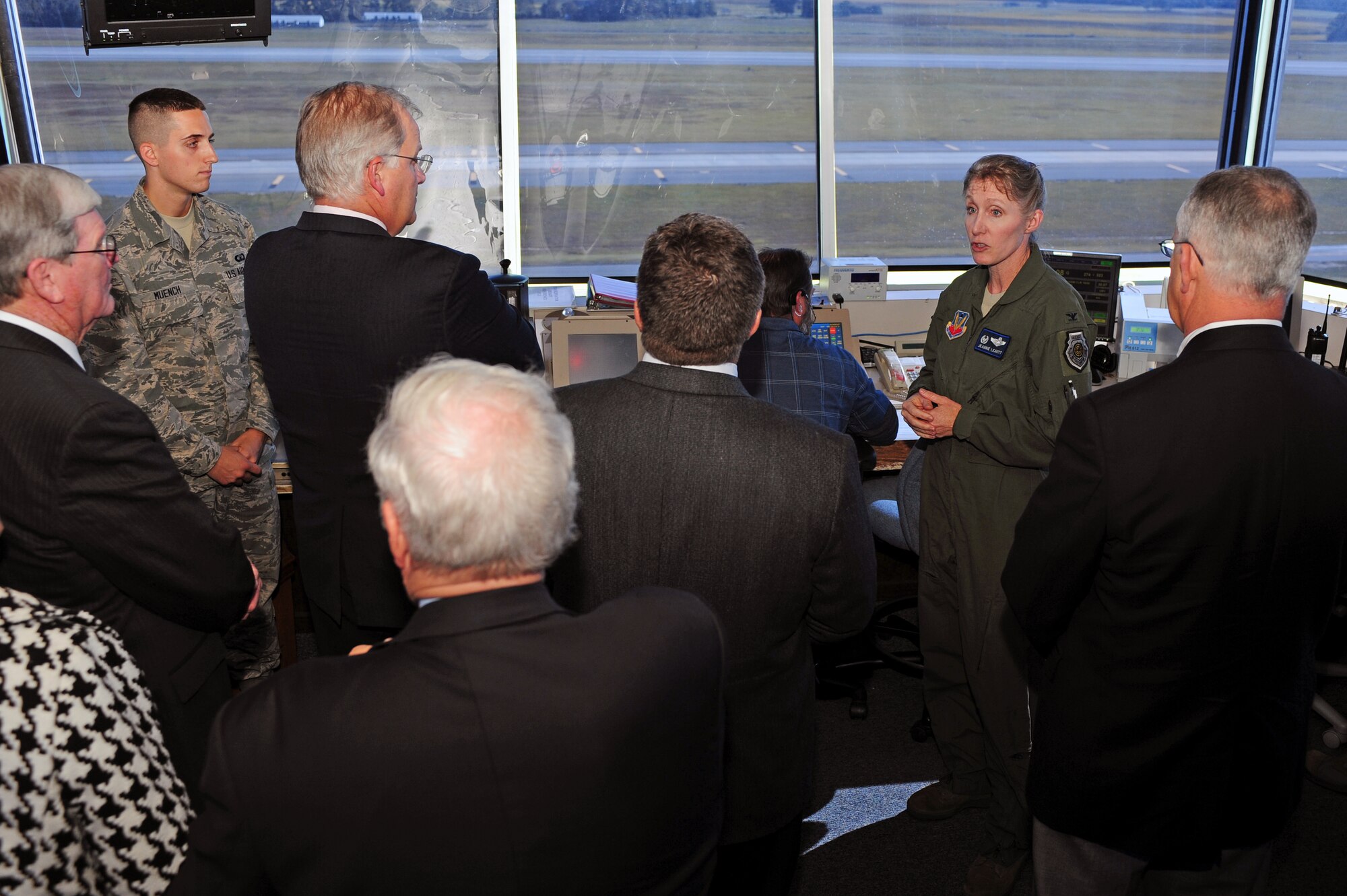 U.S. Air Force Col. Jeannie Leavitt, 4th Fighter Wing commander, leads a tour for members of the North Carolina State Legislature at Seymour Johnson Air Force Base, N.C., Oct. 24, 2013. The visitors learned about the different base operations, including the air traffic control tower. (U.S. Air Force photo by Airman 1st Class John Nieves Camacho)