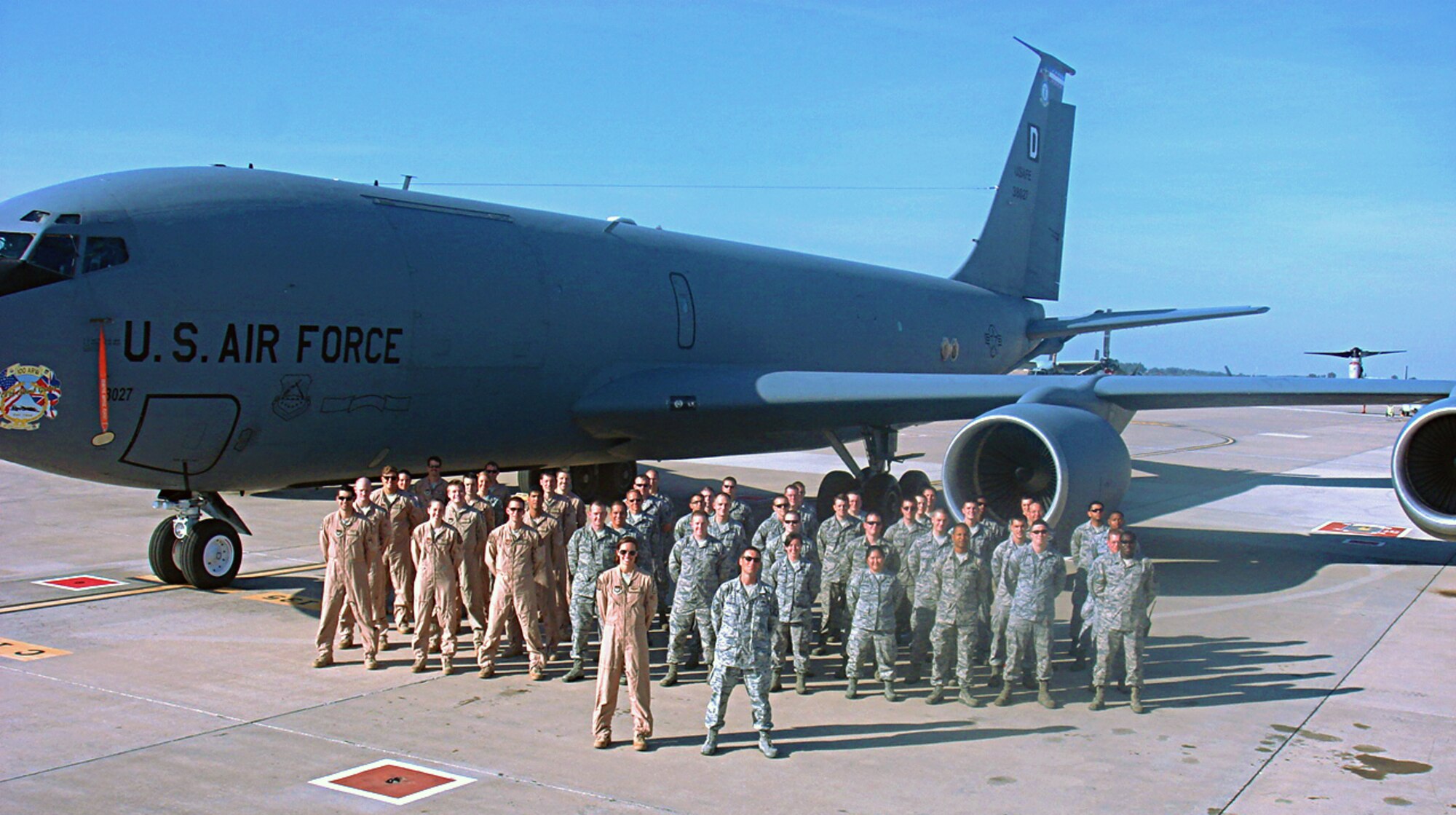 Members of the 351st Expeditionary Air Refueling Squadron pose in front the black-letter jet, a KC-135 Stratotanker, assigned to RAF Mildenhall but forward-deployed to Moron Air Base, Spain, Oct. 13, 2013. Tail number 63-8027 attained black-letter status when it reported zero discrepancies. This is the first black-letter jet assigned to RAF Mildenhall since 2006. (Photo courtesy of 351st Expeditionary Air Refueling Squadron)