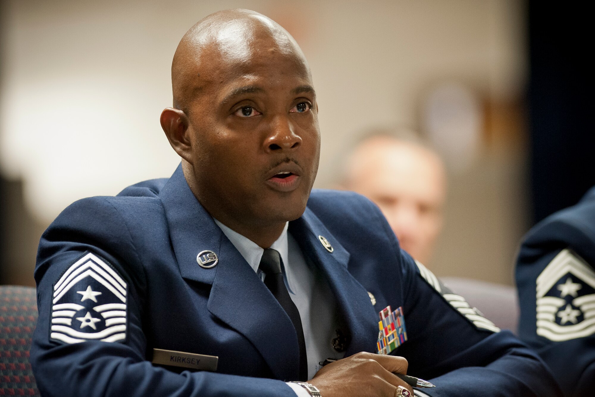 Chief Master Sgt. of Air Force Reserve Command Cameron B. Kirksey testified to the National Commission on the Structure of the Air Force on Oct. 25.  “We have met our recruiting goals for the 13th consecutive year.  Our retention rate averages 88 percent for the past seven years.  Morale continues to be high and our Airmen want to serve more than ever,” he said. “We are concerned with the current budget environment and the effects of sequestration.  From furloughs and paycheck losses, to the stress caused by financial uncertainty, the resiliency of the force is being tested, with the long-term impacts yet to be fully understood.” (U.S. Air Force photo/Master Sgt. Marvin Preston)
