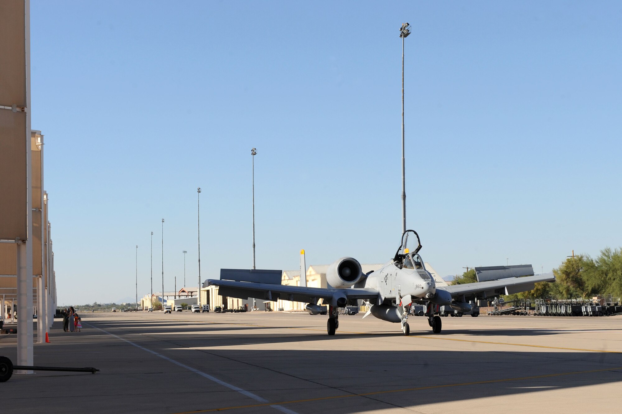 A U.S. Air Force A-10 Thunderbolt II taxis onto the flightline at Davis-Monthan Air Force Base, Ariz., Oct. 25, 2013. Five A-10s were flown from Spangdahlem Air Base, Germany, to D-M to become part of the 354th Fighter Squadron. These aircraft are replacing five older aircraft that are being recycled into the 355th Aircraft Maintenance and Regeneration Group. (U.S. Air Force photo by Airman 1st Class Saphfire Cook/Released) (cropped)