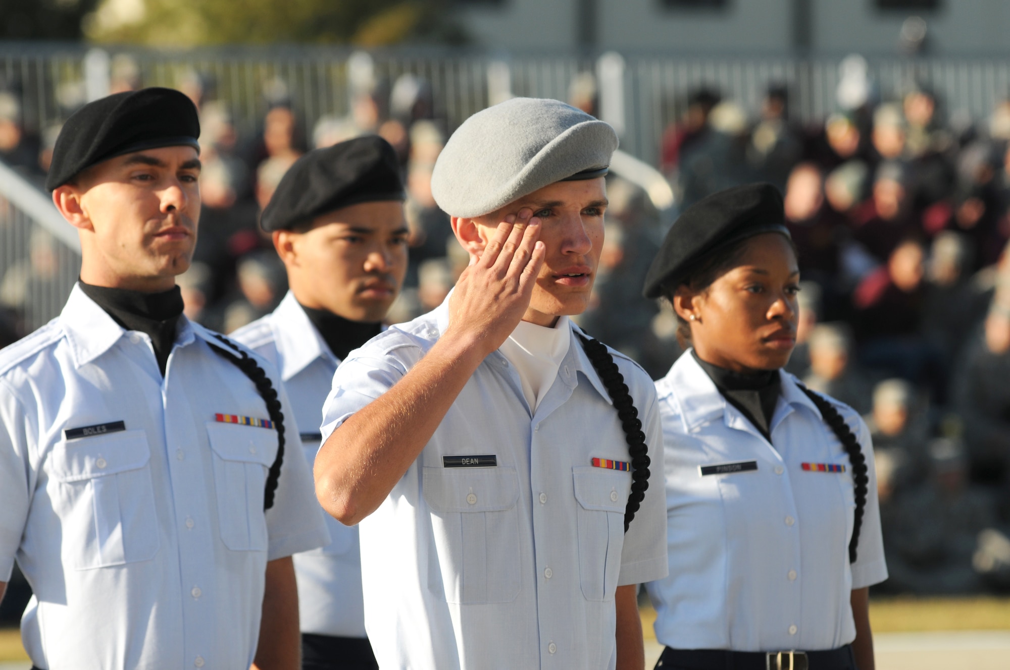 Airman Basic Phillip Dean, 335th Training Squadron, asks permission to enter the field of regulation drill as he serves as drill master during the 81st Training Group drill down competition Oct. 25, 2013, at the Levitow Training Support Facility, Keesler Air Force Base, Miss. The 335th TRS took first place in freestyle and second place in open ranks, regulation and overall.  (U.S. Air Force photo by Kemberly Groue)