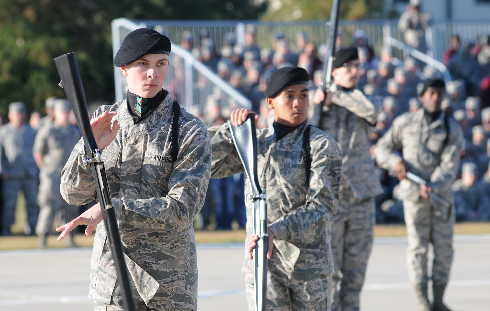 Airman Basic Brendan Wood, 338th Training Squadron, leads his team as he serves as drill master for the freestyle portion during the 81st Training Group drill down competition Oct. 25, 2013, at the Levitow Training Support Facility, Keesler Air Force Base, Miss.  The 338th TRS was the overall winner of the drill down and placed first in the open ranks and regulation competition.  (U.S. Air Force photo by Kemberly Groue)