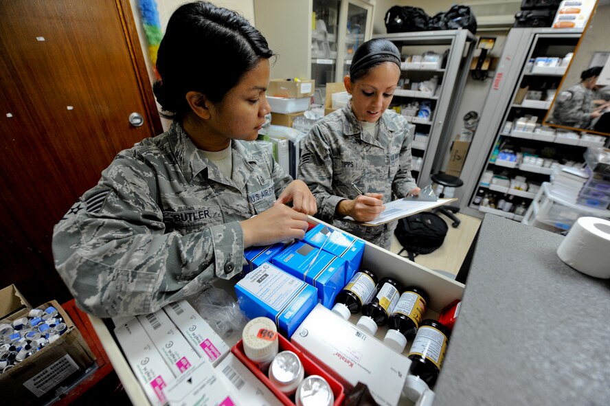 U.S. Air Force Tech. Sgt. Kristine Butler, 380th Expeditionary Medical Group NCO in charge of pharmacy operations, and U.S. Air Force Senior Airman Kelly Tipps, 380th EMDG diagnostic imaging journeyman, perform an inventory on narcotic medications on stock in the pharmacy at an undisclosed location in Southwest Asia Oct. 16, 2013. Butler performs stock inventory daily to ensure she has 100 percent accountability of medications. Butler is native to Union City, Calif., and is deployed from Joint Base Langley-Eustis, Va., and Tipps is native to Elderton, Pa., and deployed from Dyess Air Force Base, Texas. (U.S. Air Force photo by Staff Sgt. Joshua J. Garcia)