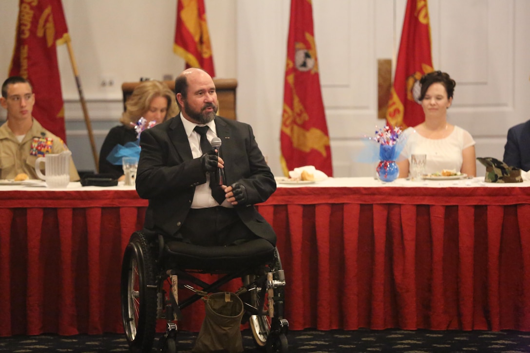 Retired Sgt. Maj. Raymond Mackey, guest of honor at the Young Marines Birthday Ball, speaks to the Young Marines aboard Marine Corps Base Camp Lejeune, Oct. 19.