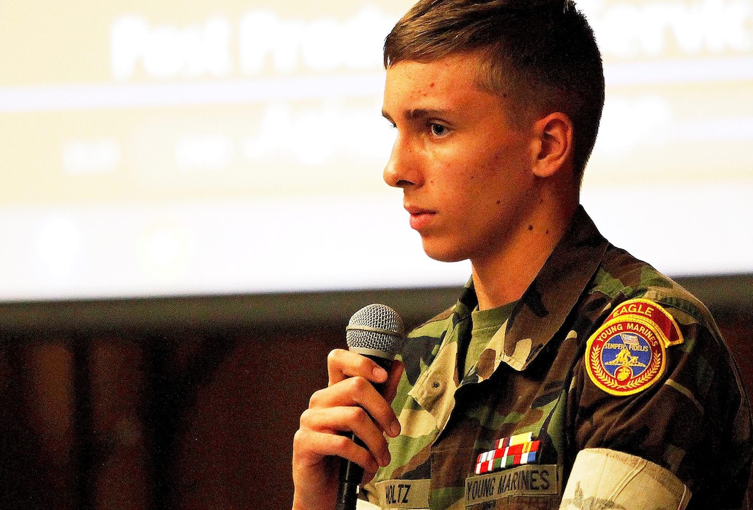 Jeremy Holtz speaks to middle school students about the importance of being drug free at Mary Fay Pendleton Elementary School Oct. 29. The Eagle Young Marines visited schools on base to promote Red Ribbon Week. Holtz is an Eagle Young Marin...e in 11th grade.

Red Ribbon Week is the oldest and largest drug prevention program in the nation and reaches out to millions of Americans every October.

Eagle Young Marines is a non-profit youth organization dedicated to drug demand reduction, academics, and community service.