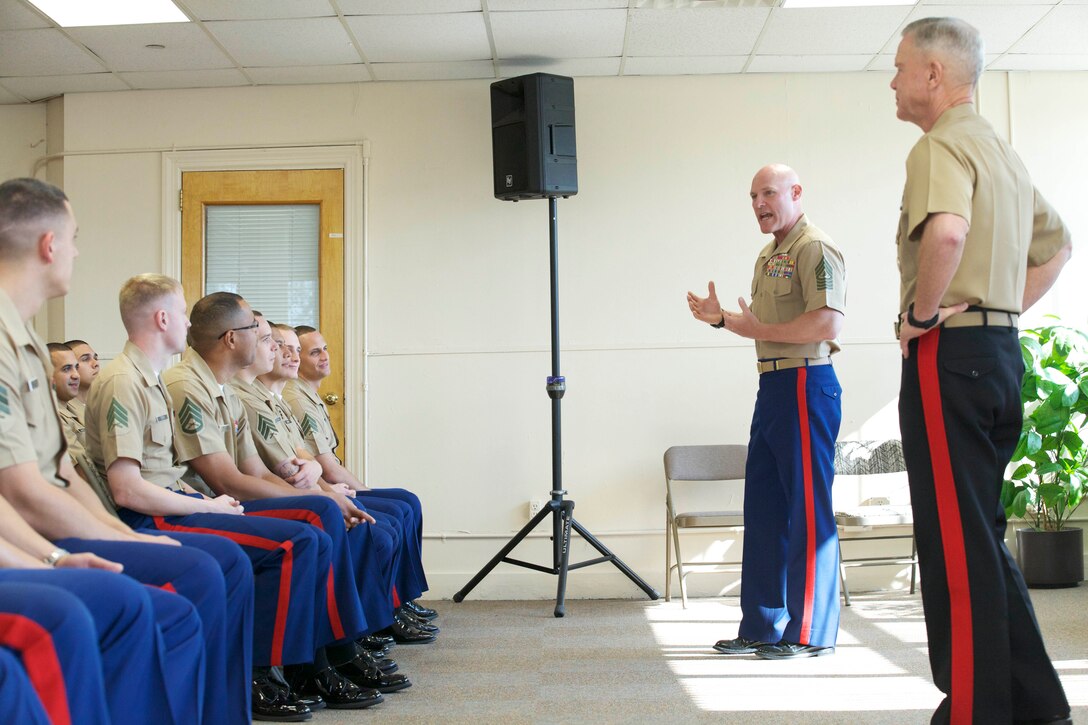 The 17th sergeant major of the Marine Corps, speaks to the Marines of the 1st Marine Corps District Headquarters, Marine Corps Recruiting Command, in Garden City, NY, on October 29, 2013. (U.S. Marine Corps photo by Sgt. Mallory S. VanderSchans)(RELEASED)
