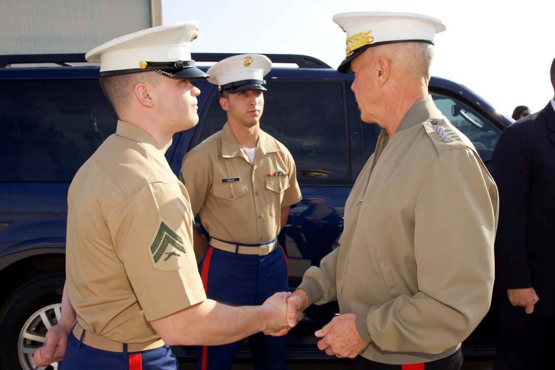 The 35th commandant of the Marine Corps, General James F. Amos, visits the 1st Marine Corps District Headquarters, Marine Corps Recruiting Command, in Garden City, NY, on October 29, 2013. (U.S. Marine Corps photo by Sgt. Mallory S. VanderSchans)(RELEASED)
