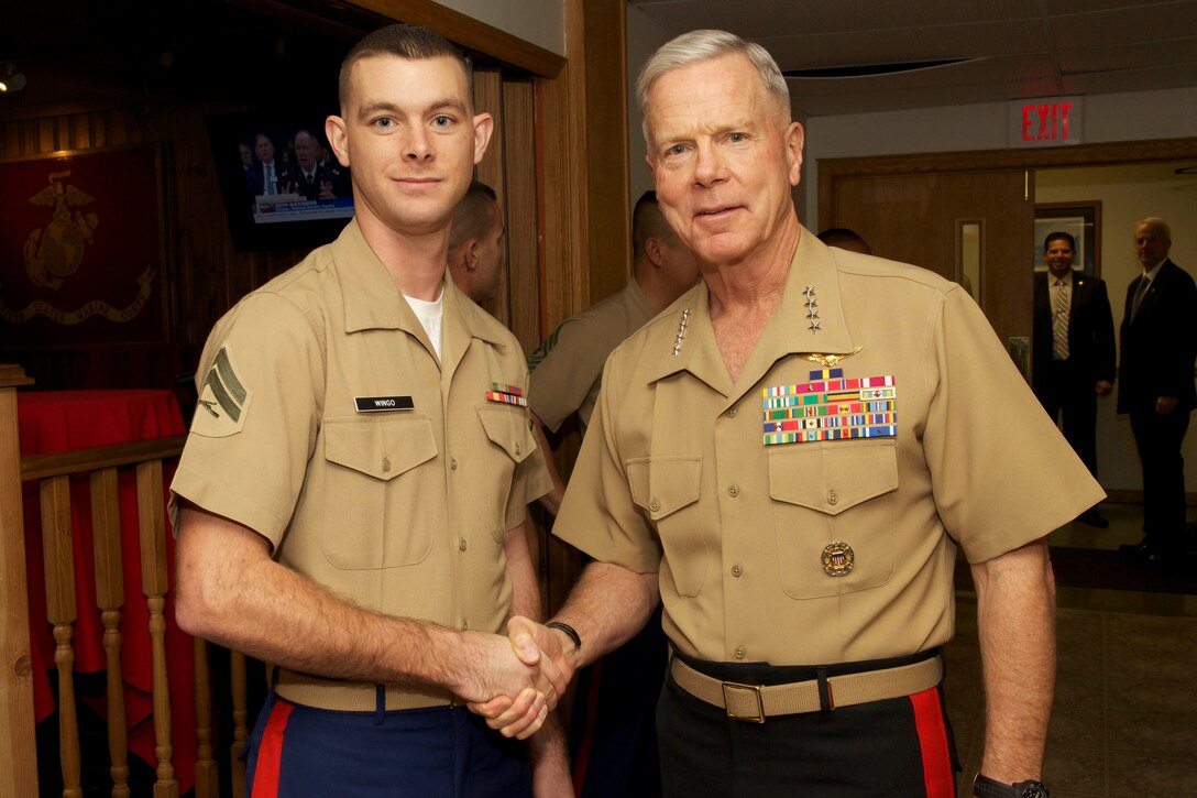 The 35th commandant of the Marine Corps, General James F. Amos, visits the 1st Marine Corps District Headquarters, Marine Corps Recruiting Command, in Garden City, NY, on October 29, 2013. (U.S. Marine Corps photo by Sgt. Mallory S. VanderSchans)(RELEASED)
