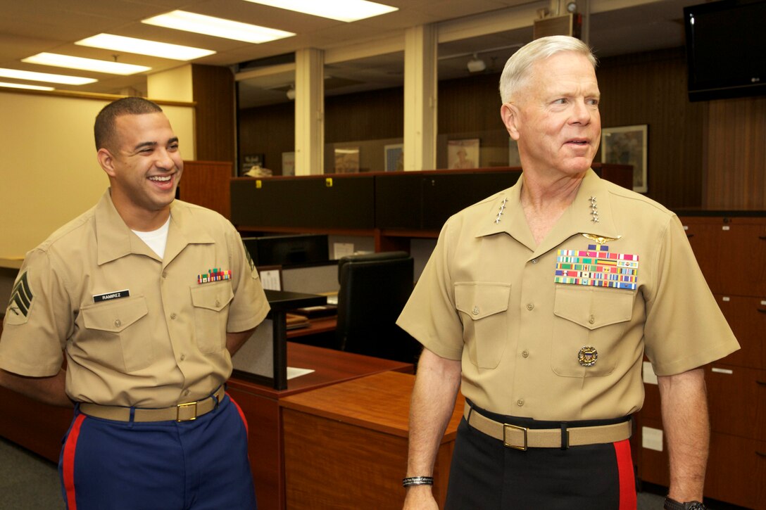 The 35th commandant of the Marine Corps, General James F. Amos, visits the 1st Marine Corps District Headquarters, Marine Corps Recruiting Command, in Garden City, NY, on October 29, 2013. (U.S. Marine Corps photo by Sgt. Mallory S. VanderSchans)(RELEASED)
