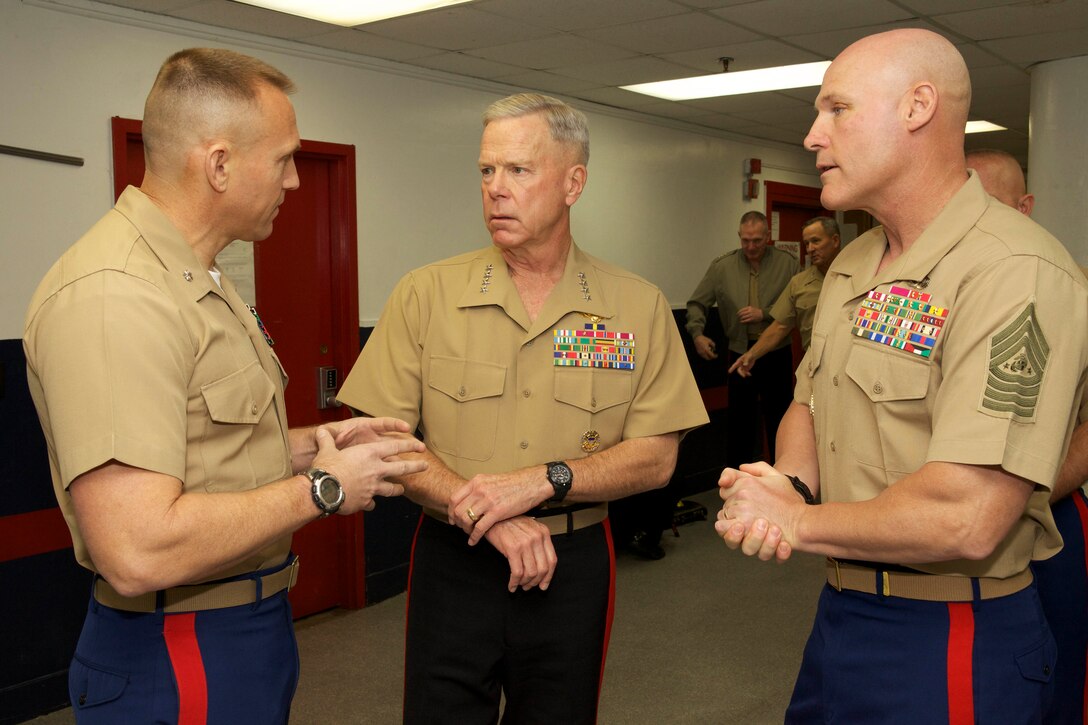 The 35th commandant of the Marine Corps, General James F. Amos, visits the 1st Marine Corps District Headquarters, Marine Corps Recruiting Command, in Garden City, NY, on October 29, 2013. (U.S. Marine Corps photo by Sgt. Mallory S. VanderSchans)(RELEASED)
