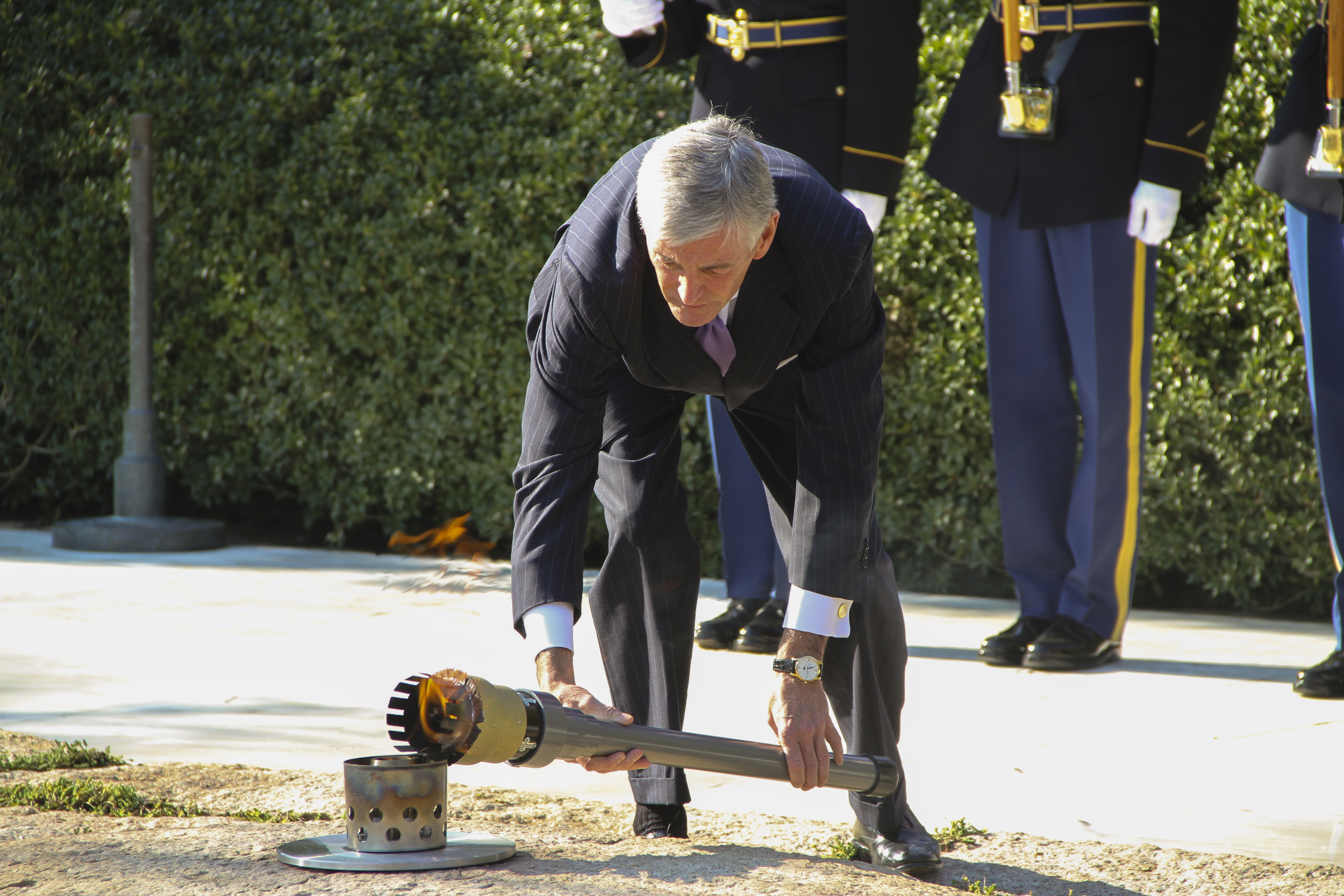 Temporary Flame Transferred To Permanent Eternal Flame At President John F Kennedy S Gravesite