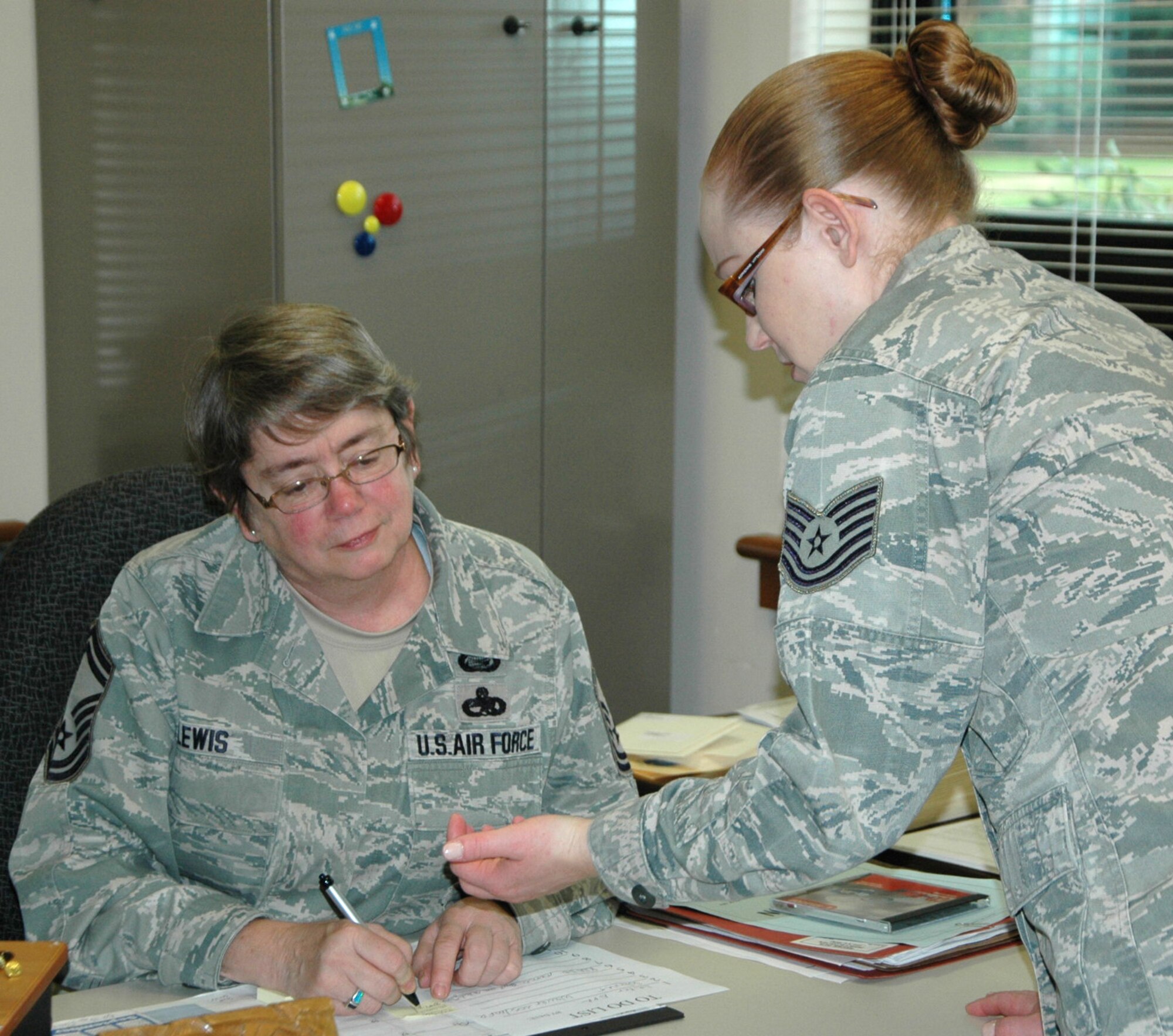 Senior Master Sgt. Cheri Lewis, 446th Force Support Squadron wing training manager, is the longest serving member of the 446th Airlift Wing, McChord Field, Wash.  Lewis will retire Nov. 3 after 39 years and four months of service. (U.S. Air Force Reserve photo by Sandra Pishner)