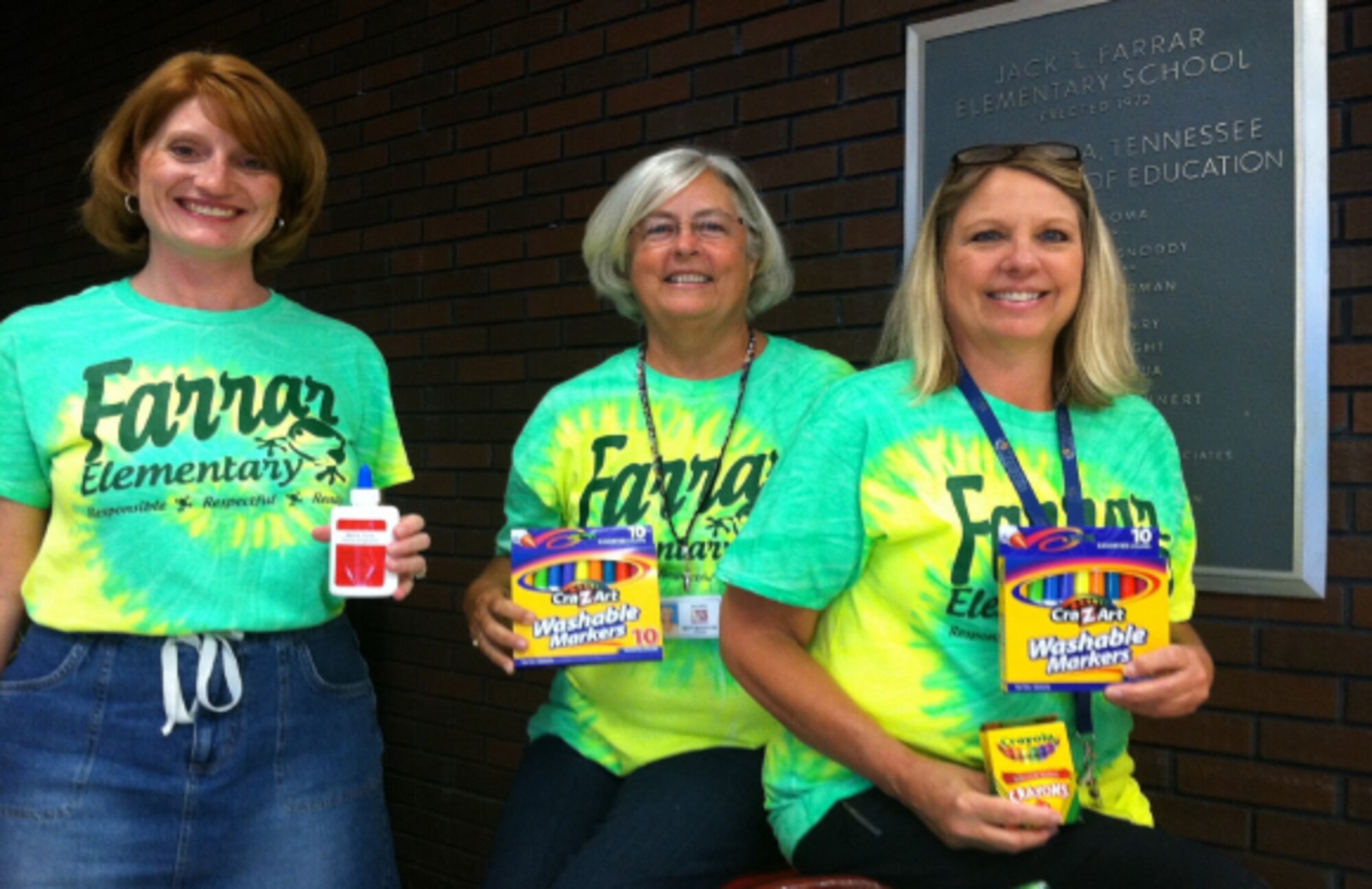 Jack T. Farrar Elementary Principle Susan Fanning, Teacher Assistant Betty McFarland and Laura Casteel in the Attendance office display items their school received from the AEDC/ATA Back Pack and School Supply Drive. (Photo provided)