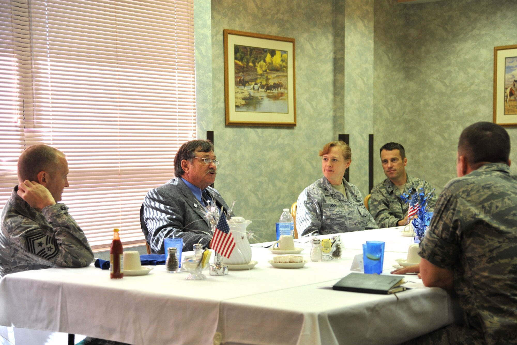GOODFELLOW AIR FORCE BASE, Texas-- The Honorable Dwain Morrison, Mayor of San Angelo, Texas, has lunch with 17th Training Wing leadership at Western Winds dining facility Oct. 25. Morrison spent the majority of his visit going from squadron to squadron to speak with Team Goodfellow members and learn about how they contribute to the mission of the base. (U.S. Air Force photo/ Senior Airman Michael Smith)