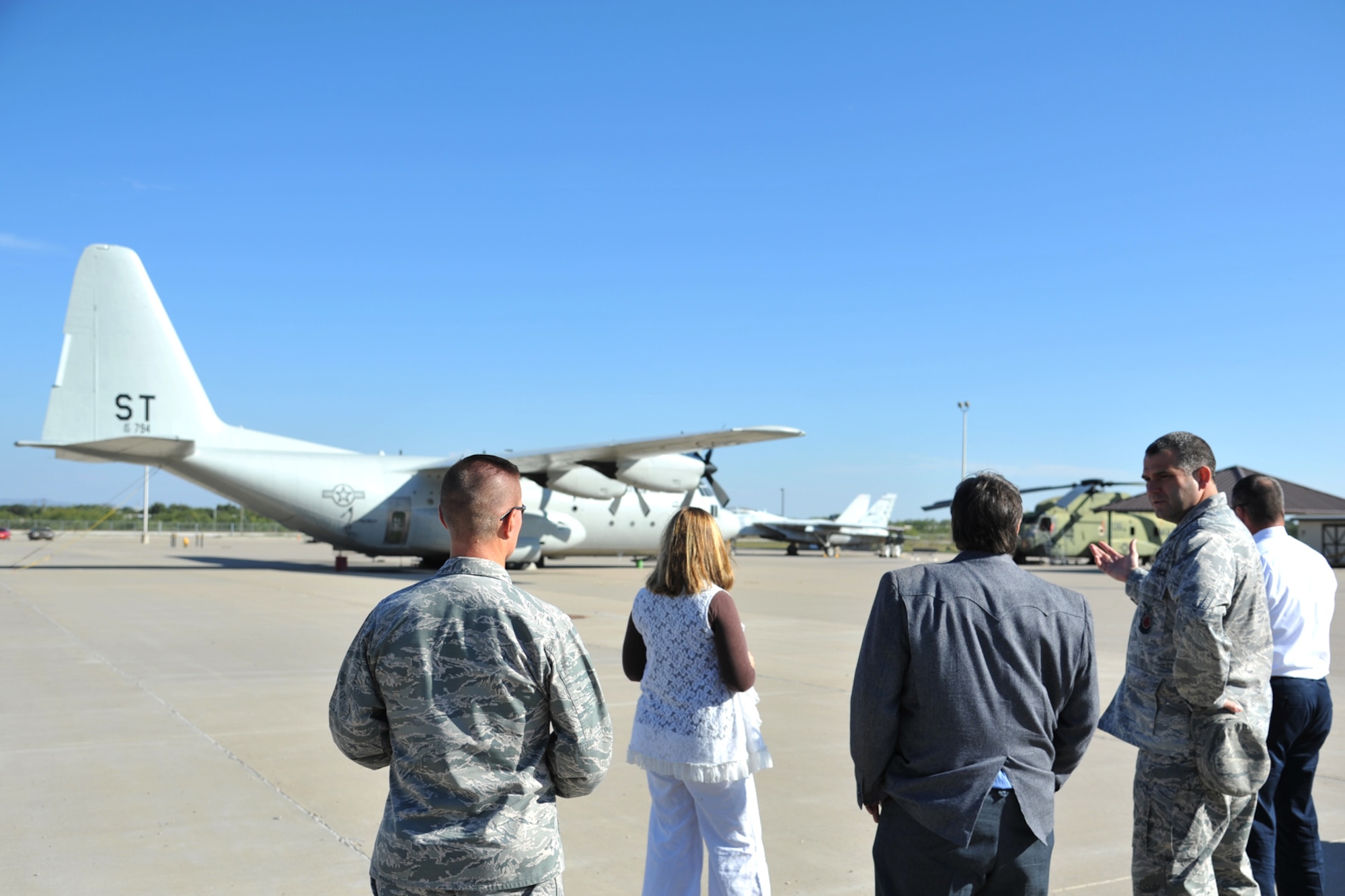 GOODFELLOW AIR FORCE BASE, Texas-- Lt. Col. Derek Ferland, 312th Training Squadron Commander, shows The Honorable Dwain Morrison, Mayor of San Angelo, Texas, a C-130 Aircraft Trainer at the Louis F. Garland Department of Defense Fire Academy Oct. 25. The trainer is used to train firefighting students on rescuing victims in a large frame aircraft during low visibility. (U.S. Air Force photo/ Senior Airman Michael Smith)