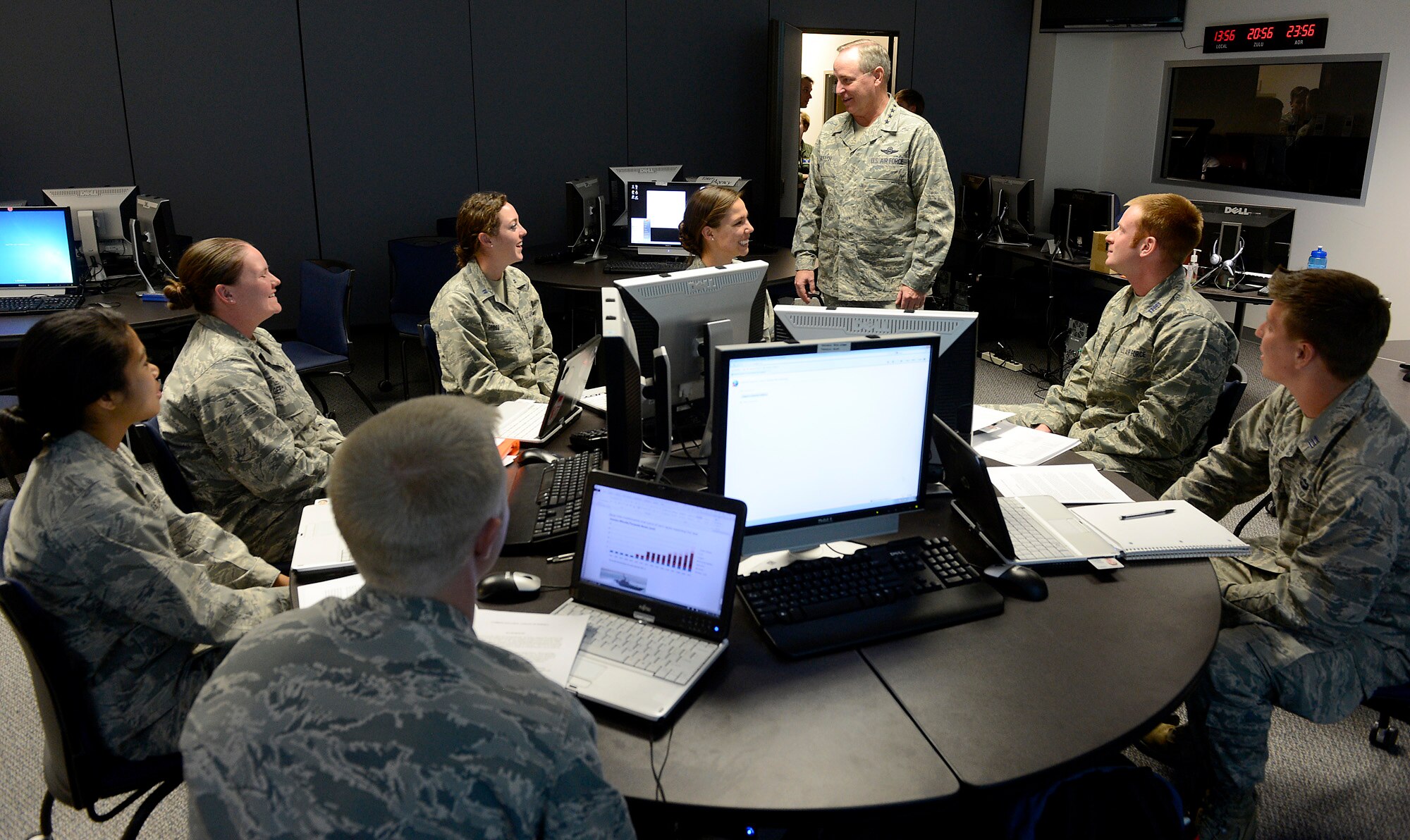 Air Force Chief of Staff Gen. Mark A. Welsh III speaks with cadets during a Military Strategic Studies 415 class Oct. 28, 2013, U.S. Air Force Academy, Colorado Springs, Colo. Welsh, along with Chief Master Sgt. of the Air Force James Cody, visited with cadets Oct. 28 and 29. Welsh also hosted a cadet call, met with cadets over lunch and teamed with Cody to answer questions during “Stars and Chevrons,” a show on the cadet-run radio station, KAFA 97.7 FM. (U.S. Air Force Photo/Scott Ash)