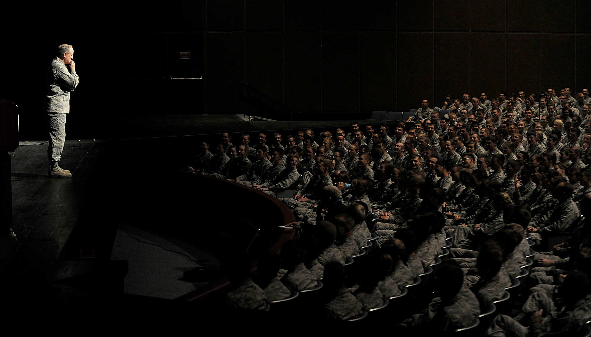Air Force Chief of Staff Gen. Mark A. Welsh III speaks at a cadet call in the U.S. Air Force Academy Arnold Hall Theater Oct. 28, 2013, Colorado Springs, Colo. Welsh, along with Chief Master Sgt. of the Air Force James Cody, visited with cadets Oct. 28 and 29. Welsh also met with cadets over lunch and during several classroom visits and teamed with Cody to answer questions during “Stars and Chevrons,” a show on the cadet-run radio station, KAFA 97.7 FM. (U.S. Air Force Photo/Scott Ash)