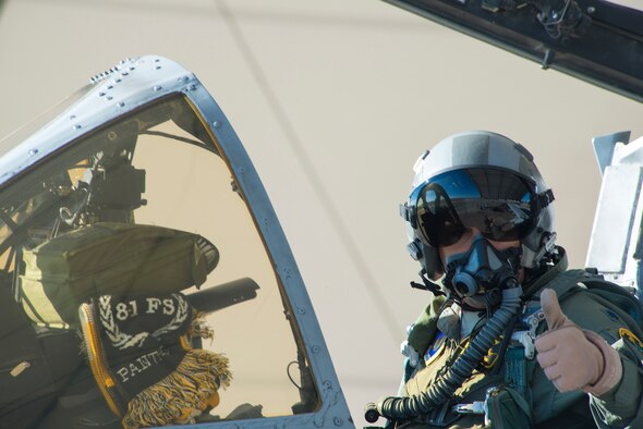 U.S. Air Force Lt. Col. Jeffrey Hogan, 23d Wing director of staff, gives a thumbs up during a preflight inspection at Moody Air Force Base, Ga., Oct. 23, 2013. Hogan was part of a two man Moody crew, which delivered A-10C Thunderbolt II aircraft to Davis-Monthan AFB, Ariz. (U.S. Air Force photo by Airman 1st Class Ryan Callaghan/Released) 