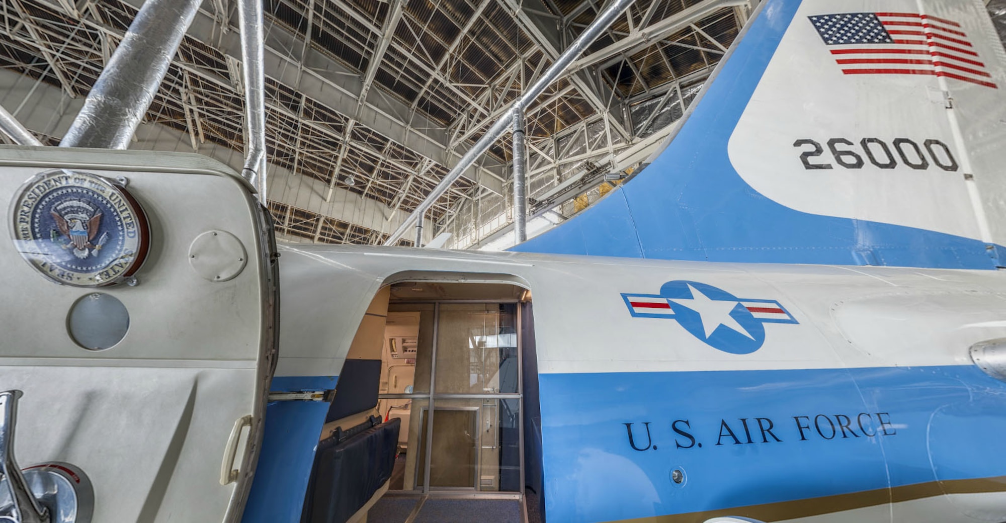 DAYTON, Ohio -- Aft aircraft entrance of Boeing VC-137C SAM 26000 (Air Force One) at the National Museum of the U.S. Air Force. This photo is part of the free ACI Cockpit360º app, which features high-definition panoramic photos of more than 20 cockpits from many well-known aircraft on display at the National Museum of the U.S. Air Force. (Photo courtesy of Lyle Jansma, Aerocapture Images)