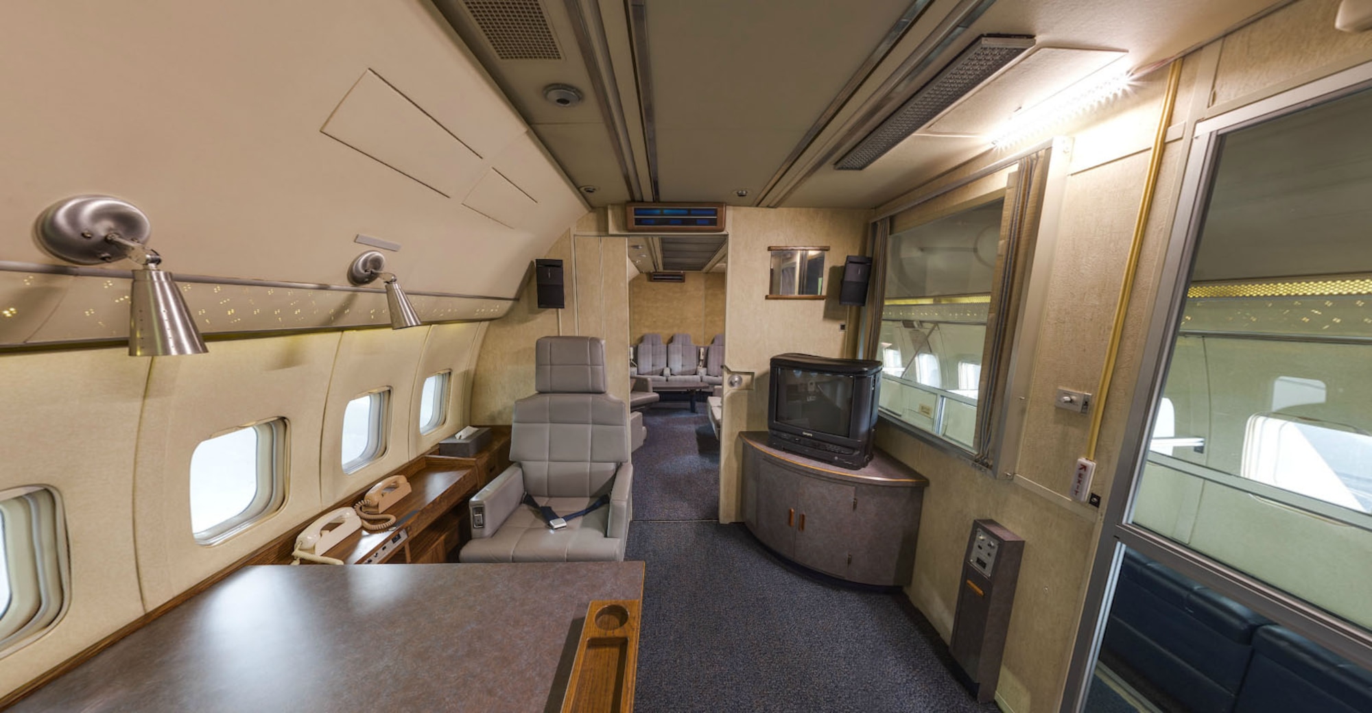 DAYTON, Ohio -- Presidential private suite, looking towards the State Room of Boeing VC-137C SAM 26000 (Air Force One) at the National Museum of the U.S. Air Force. This photo is part of the free ACI Cockpit360º app, which features high-definition panoramic photos of more than 20 cockpits from many well-known aircraft on display at the National Museum of the U.S. Air Force. (Photo courtesy of Lyle Jansma, Aerocapture Images)