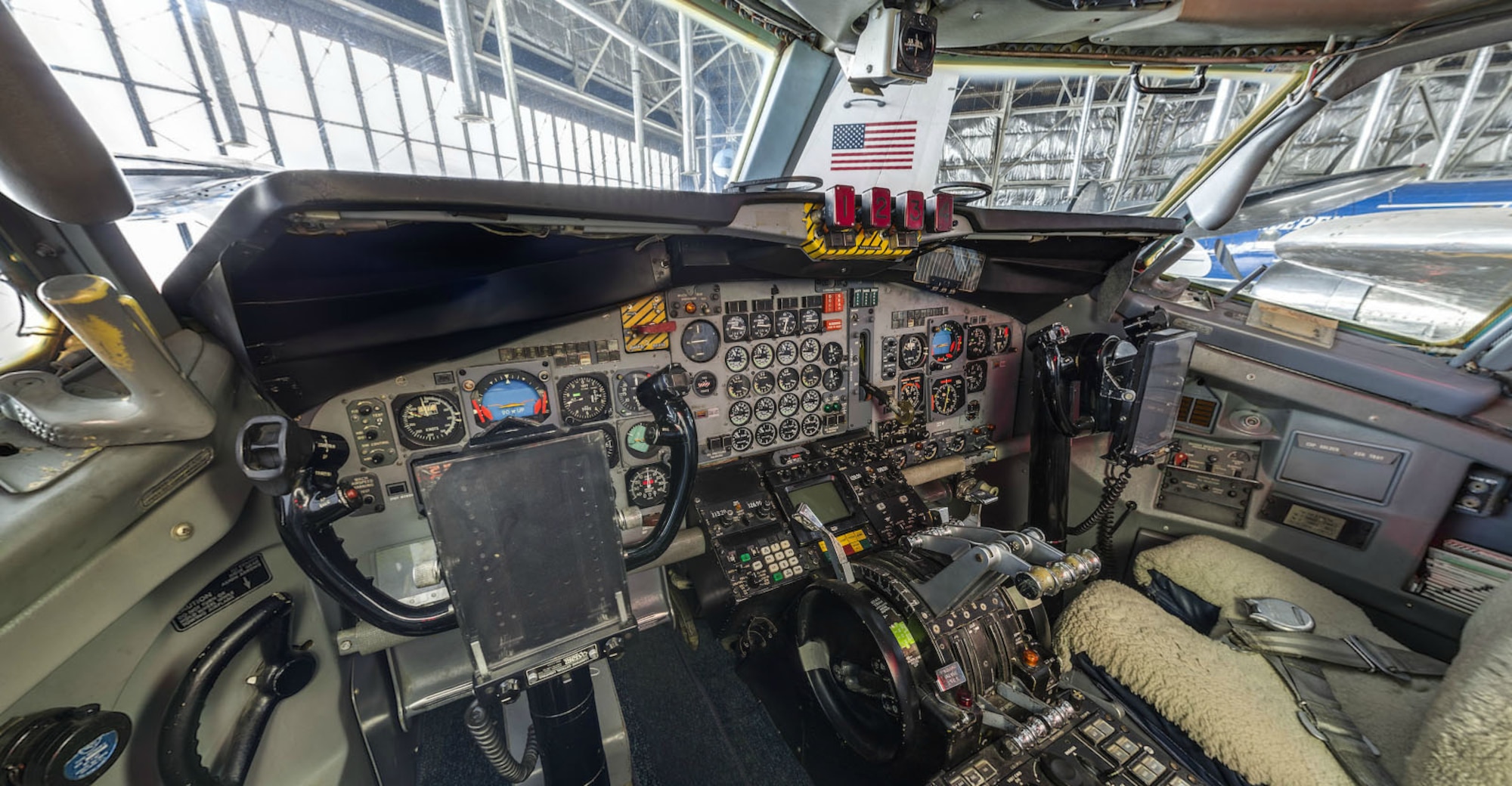 DAYTON, Ohio -- Pilot's station of Boeing VC-137C SAM 26000 (Air Force One) at the National Museum of the U.S. Air Force. This photo is part of the free ACI Cockpit360º app, which features high-definition panoramic photos of more than 20 cockpits from many well-known aircraft on display at the National Museum of the U.S. Air Force. (Photo courtesy of Lyle Jansma, Aerocapture Images)