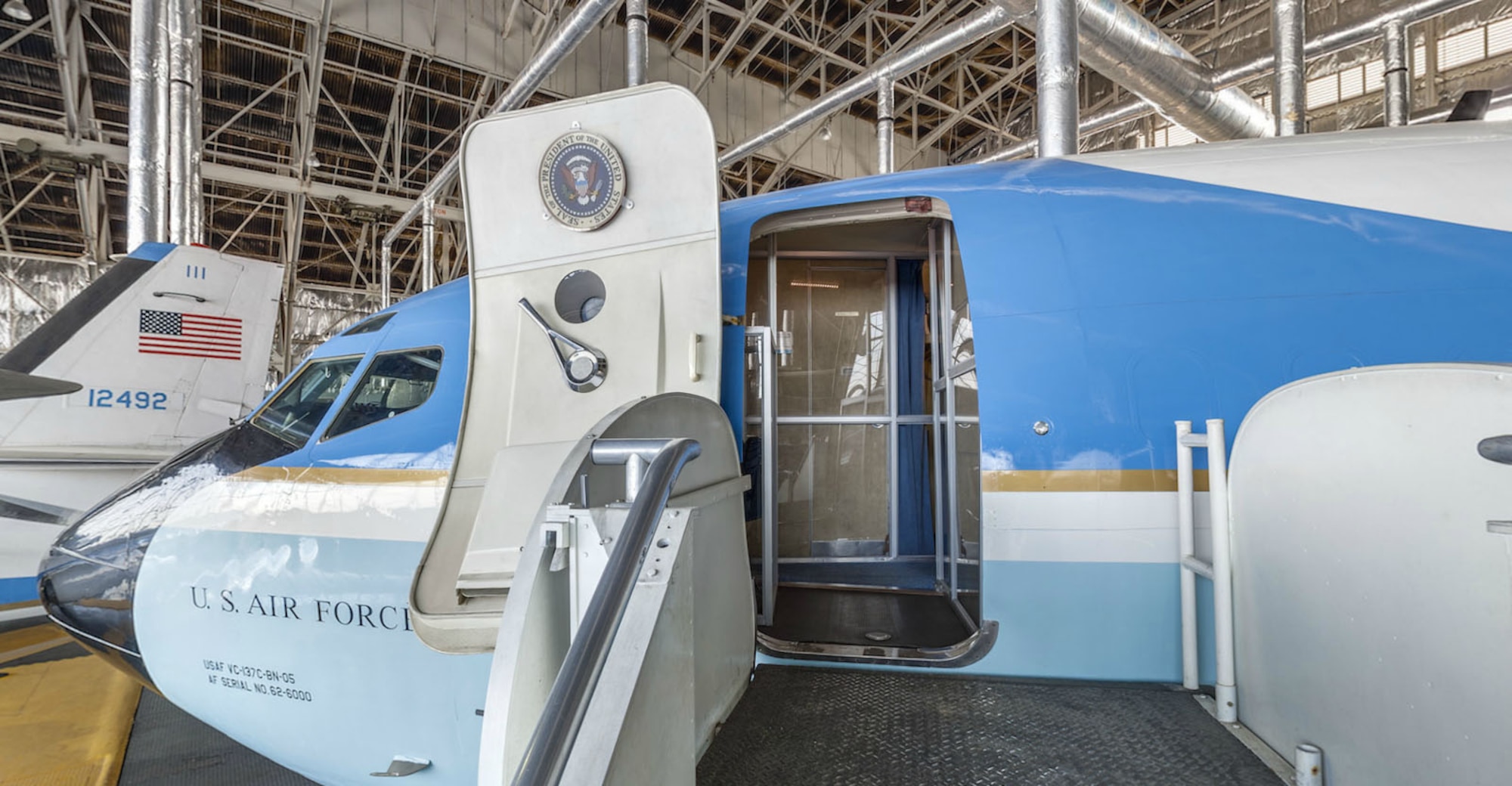 DAYTON, Ohio -- Forward aircraft entrance to Boeing VC-137C SAM 26000 (Air Force One) at the National Museum of the U.S. Air Force. This photo is part of the free ACI Cockpit360º app, which features high-definition panoramic photos of more than 20 cockpits from many well-known aircraft on display at the National Museum of the U.S. Air Force. (Photo courtesy of Lyle Jansma, Aerocapture Images)