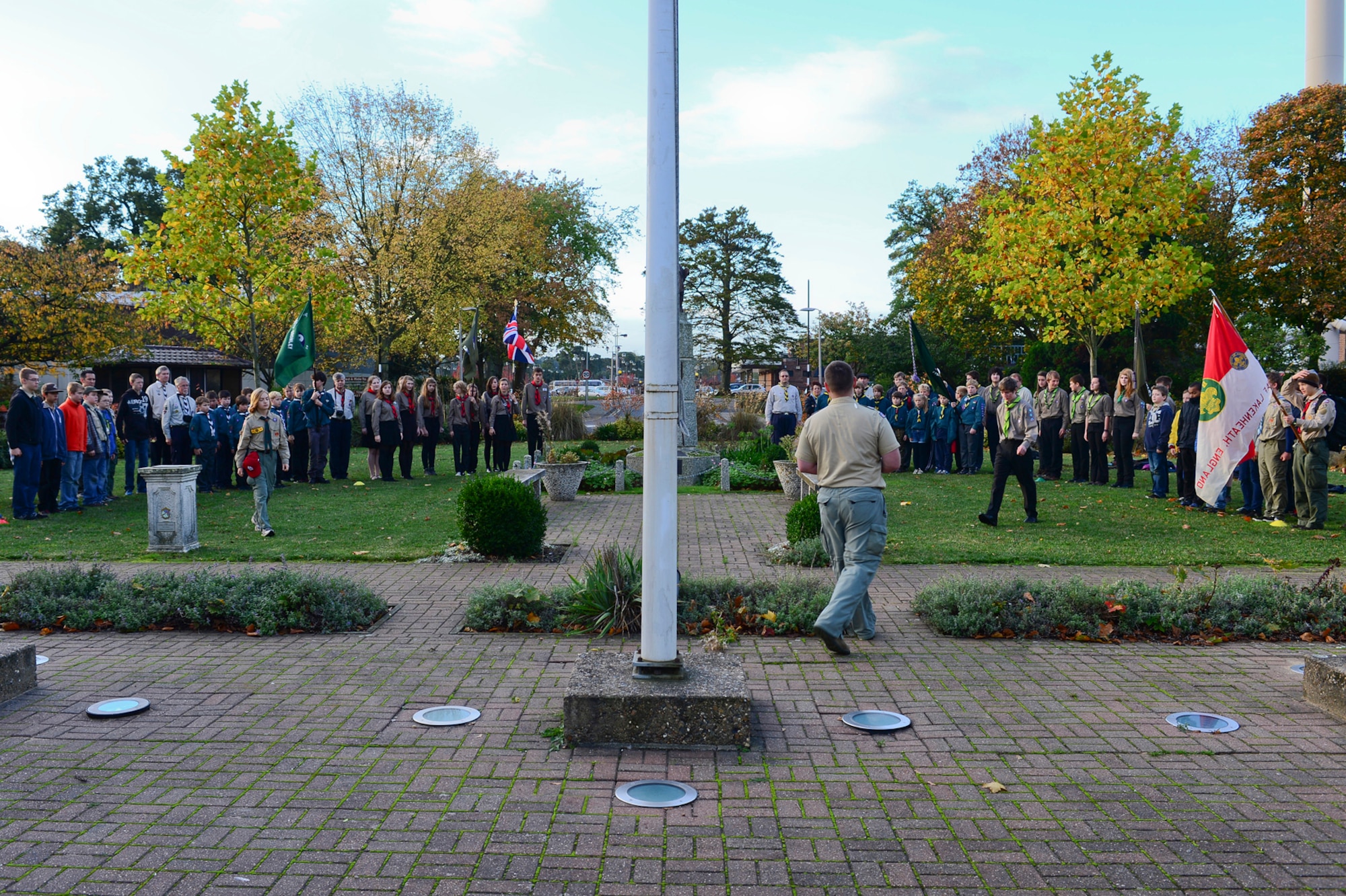Capt. Zackery Kalinauskas, 48th Medical Group diseases manager and scouts camp director, speaks at the opening ceremony of Royal Air Force Lakenheath’s British-American Scout Campout Oct. 26, 2013. The weekend campout at RAF Lakenheath allowed U.S. and U.K. scouts to come together for an “American experience.” The campout highlighted some of the capablities of the U.S. Air Force here in the U.K., as well as gave the British scouts an inside look of an American air base. (U.S. Air Force photo by Airman 1st Class Dana J. Butler/Released) 