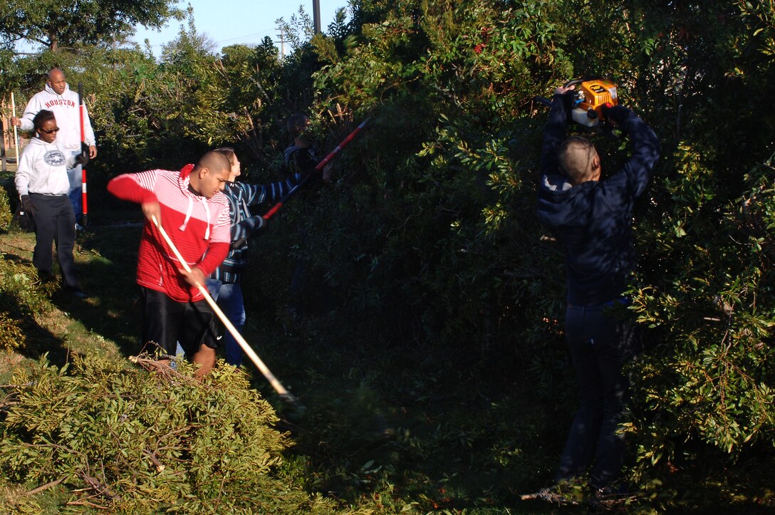 Volunteers trim trees at the Child Development Center at Langley Air Force Base, Va., Oct. 26, 2013. More than 40 Airmen volunteered to clean the surrounding area and make minor repairs to the CDC. (U.S Air Force photo by Senior Airman Teresa Aber/Released)